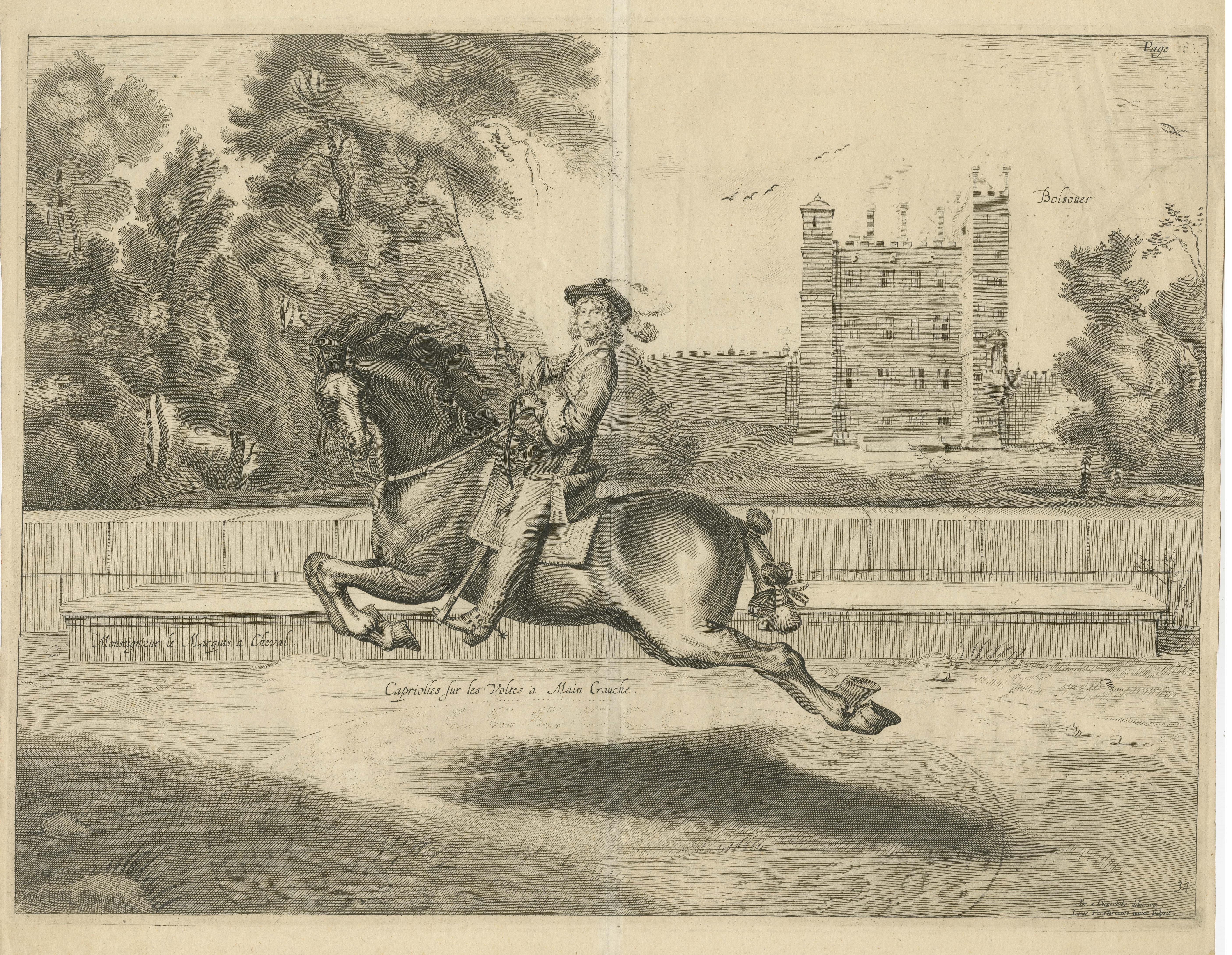 Antique Print of a Nobleman Galloping past Bolsover Castle in Derbyshire In Good Condition For Sale In Langweer, NL