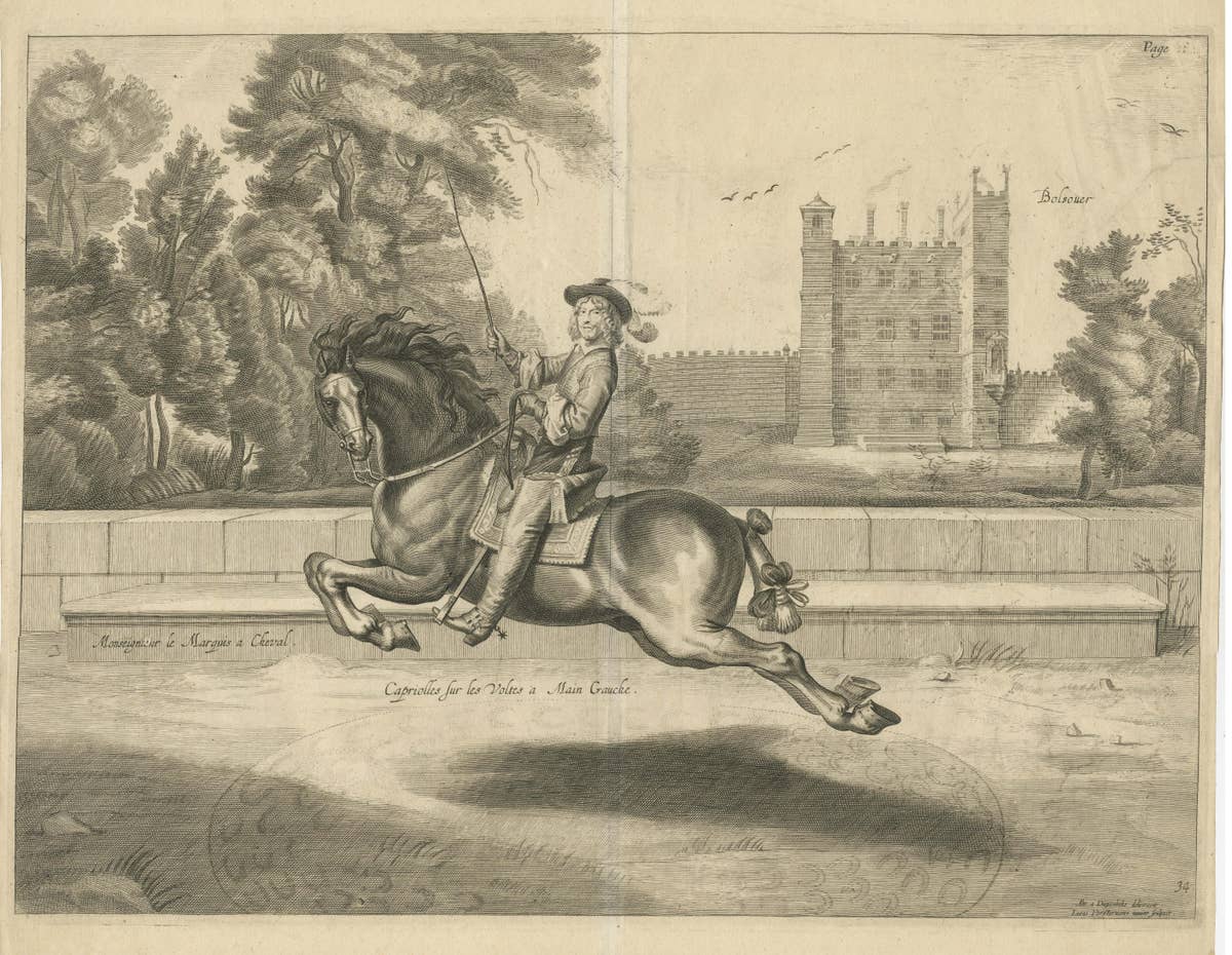 Antique Print of a Nobleman Galloping past Bolsover Castle in Derbyshire