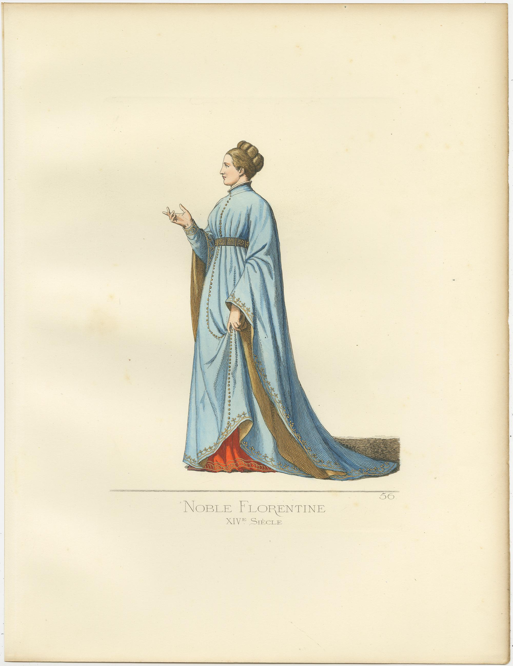 Antique print titled ‘Noble Florentine, XIVe Siecle.’ Original antique print of a noblewoman from Florence in Italy, 14th century. This print originates from 'Costumes historiques de femmes du XIII, XIV et XV siècle' by C. Bonnard. Published, 1860.
