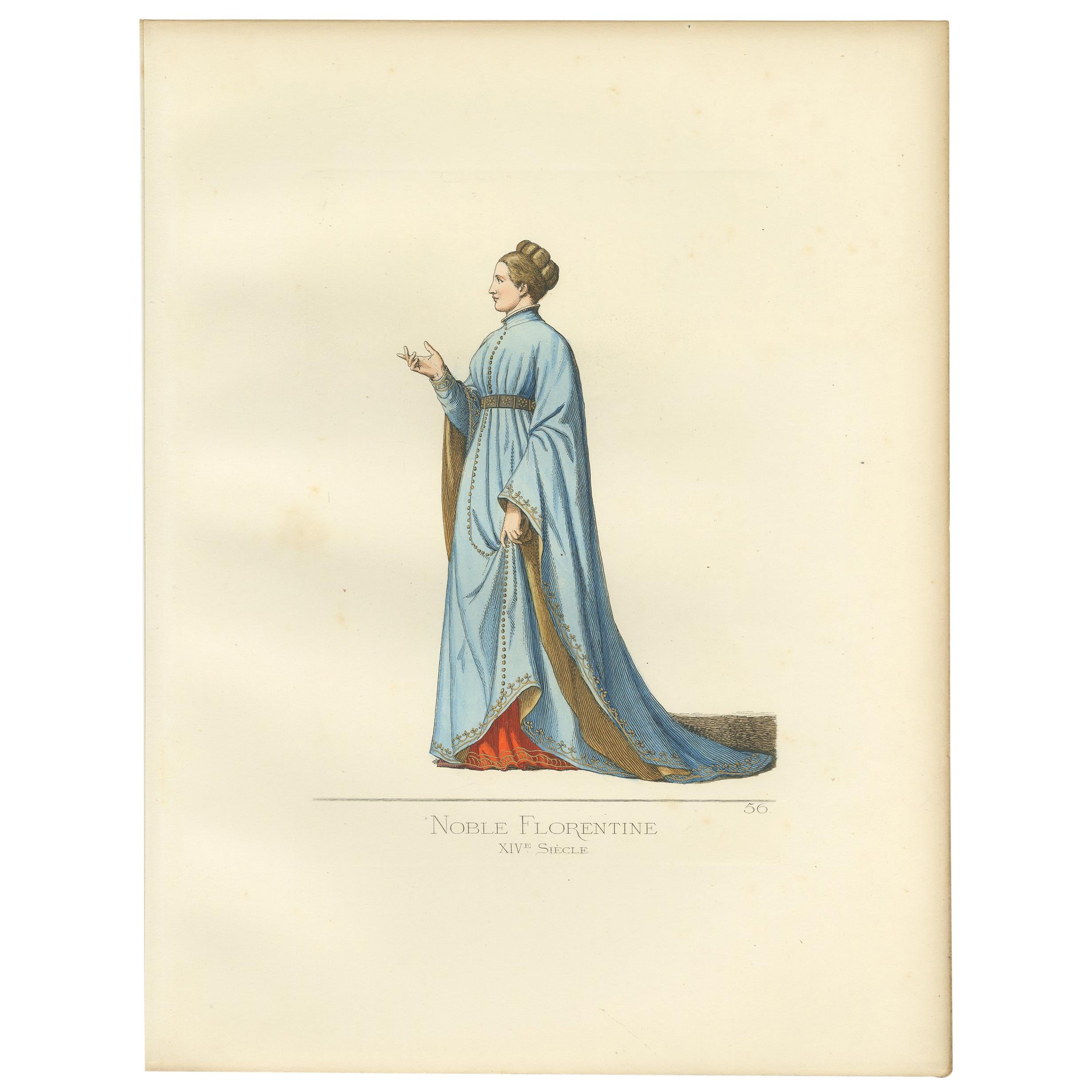 Antique Print of a Noblewoman from Florence, 14th Century, by Bonnard, 1860