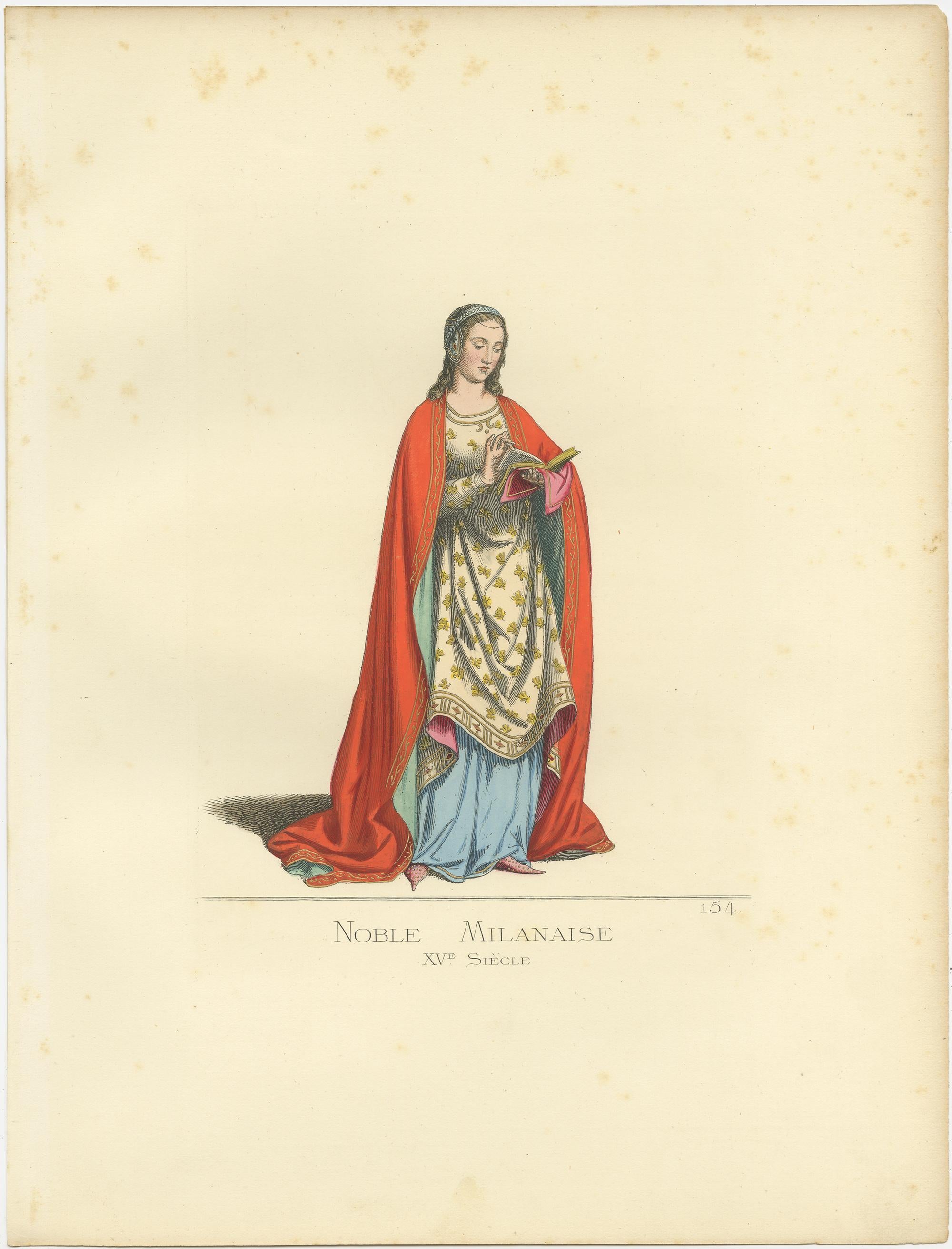 Antique print titled ‘Noble Milanaise, XVe Siecle.’ Original antique print of a Noblewoman from Milan in Italy, 15th century. This print originates from 'Costumes historiques de femmes du XIII, XIV et XV siècle' by C. Bonnard. Published 1860.