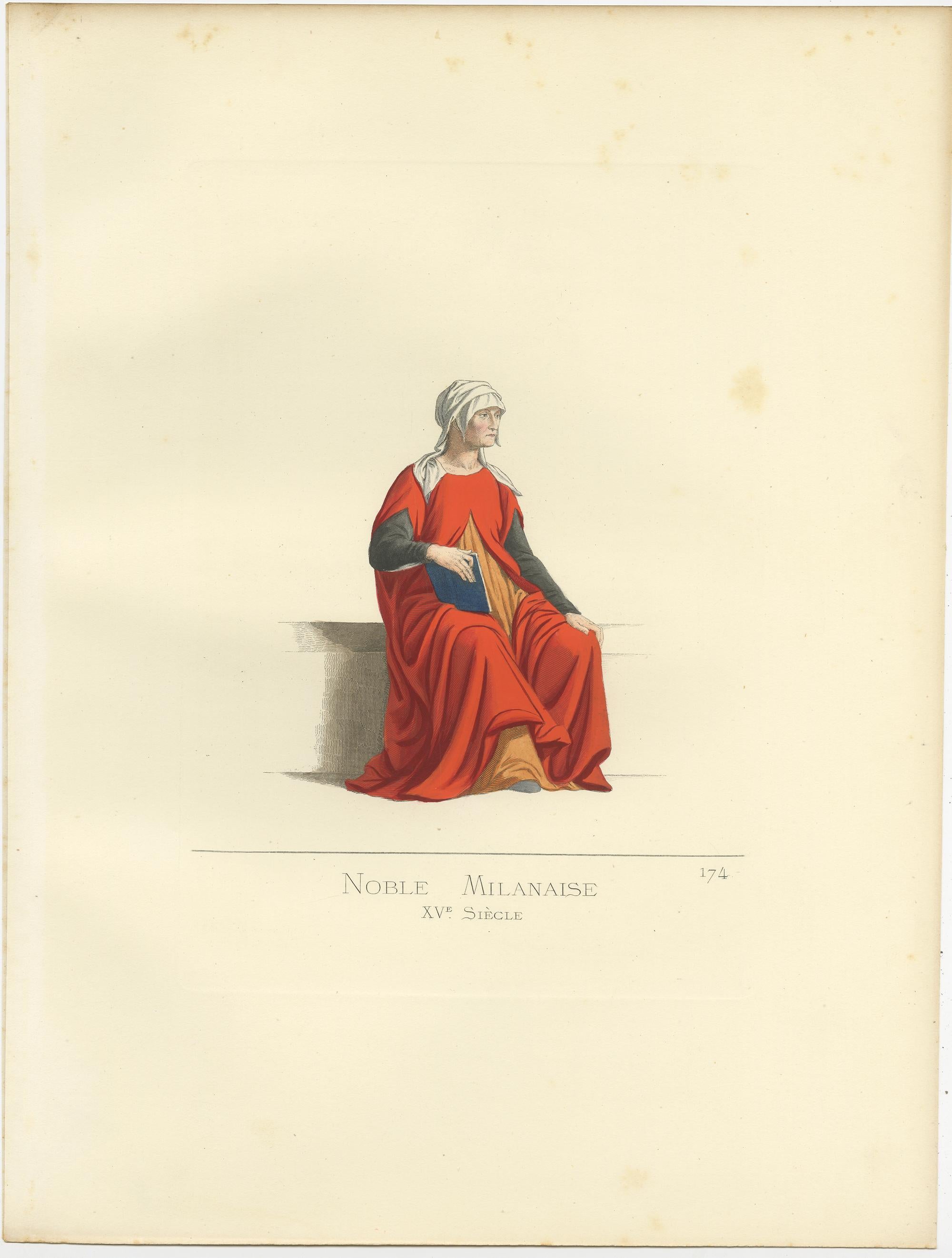 Antique print titled ‘Noble Milanaise, XVe Siecle.’ Original antique print of a noblewoman from Milan, Italy 15th century. This print originates from 'Costumes historiques de femmes du XIII, XIV et XV siècle' by C. Bonnard. Published 1860.
