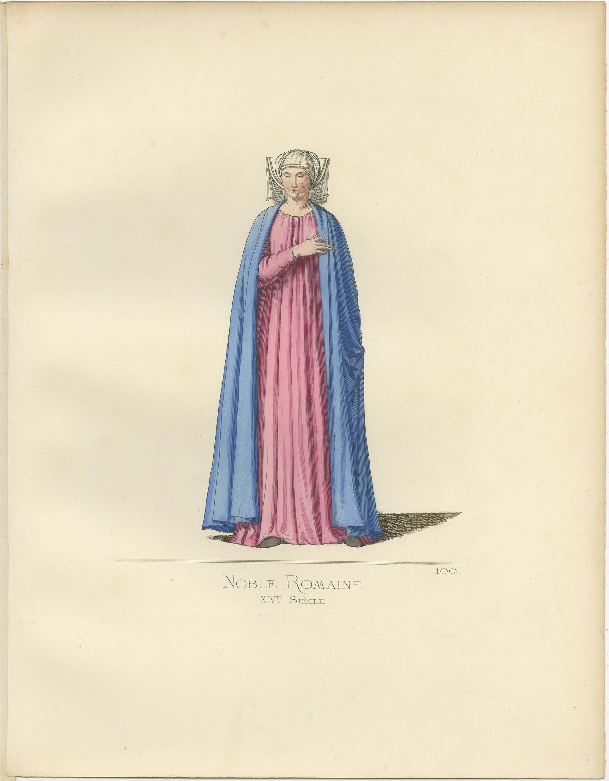 19th Century Antique Print of a Noblewoman from Rome, Italy, 14th Century, by Bonnard, 1860