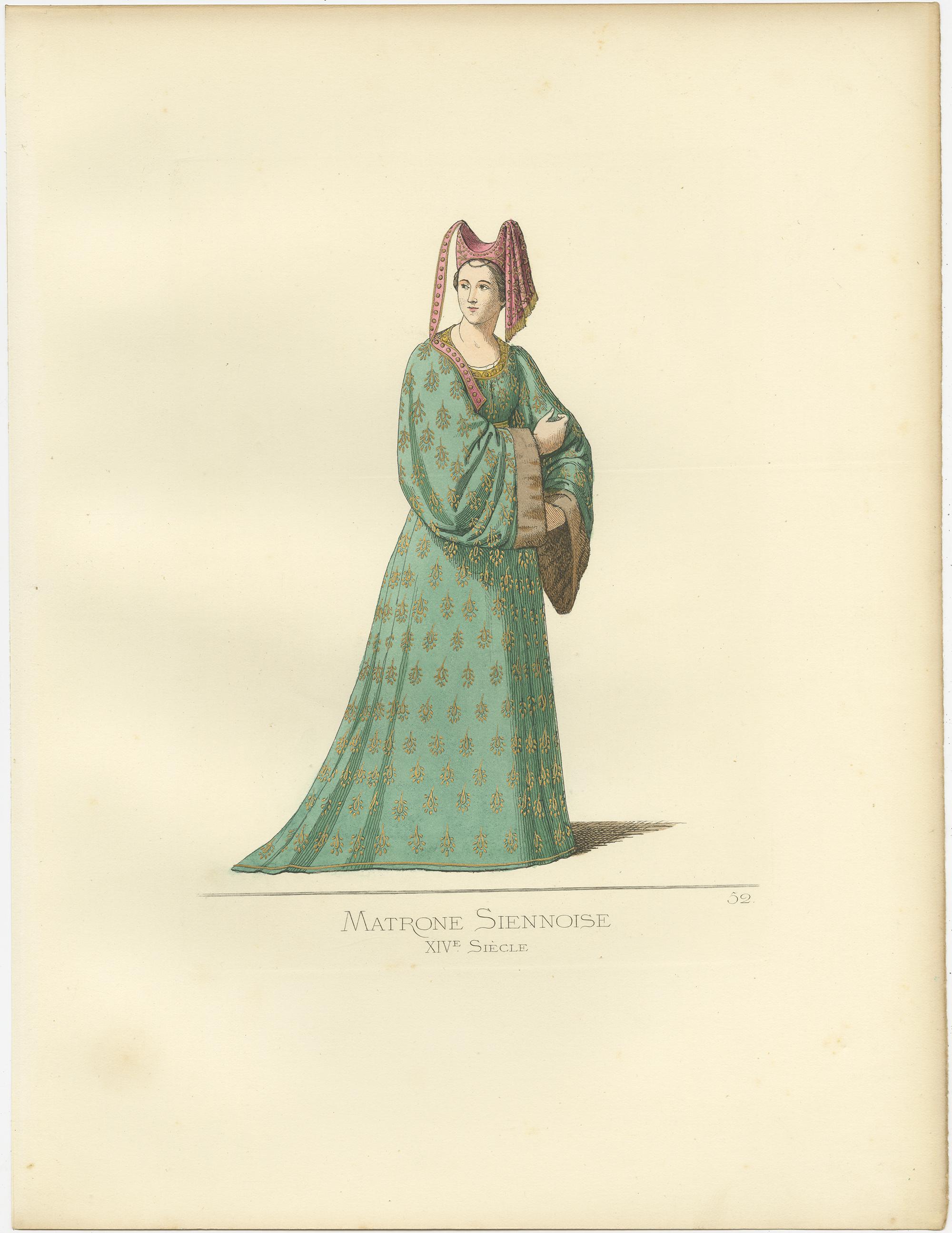 Antique print titled ‘Matrone Siennoise, XIVe Siecle.’ Original antique print of a noblewoman from Siena, Italy, 14th century. This print originates from 'Costumes historiques de femmes du XIII, XIV et XV siècle' by C. Bonnard. Published 1860.