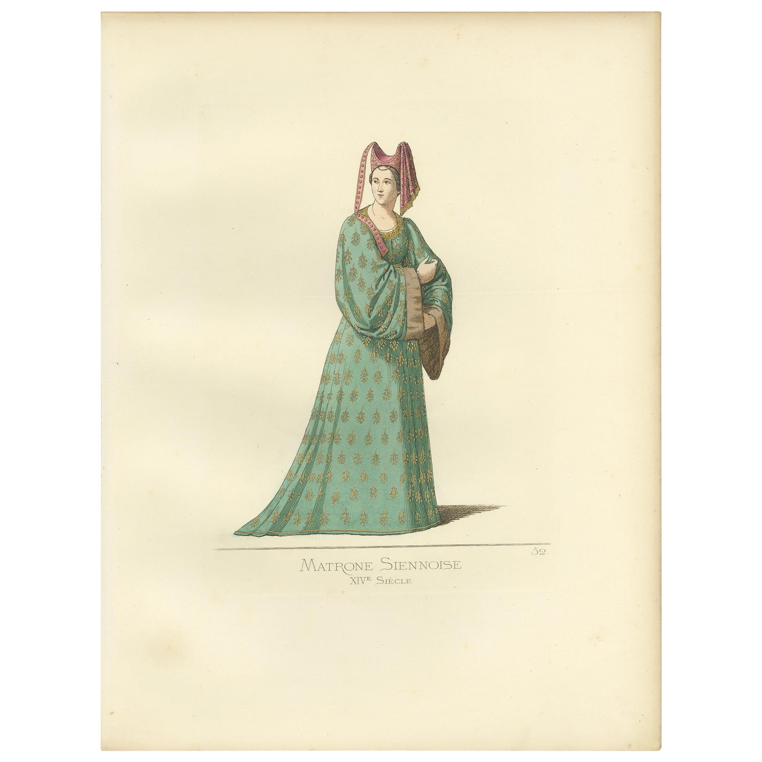 Antique Print of a Noblewoman from Siena, Italy, by Bonnard, 1860