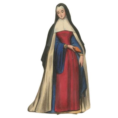 Antique print titled 'Religieuse Annonciade'. Print of a Nun of the Order of the Annunciation of the Blessed Virgin Mary. This print originates from 'Histoire et Costumes des Ordres Religieux'.

Artists and Engravers: Author: Abbé Tiron.