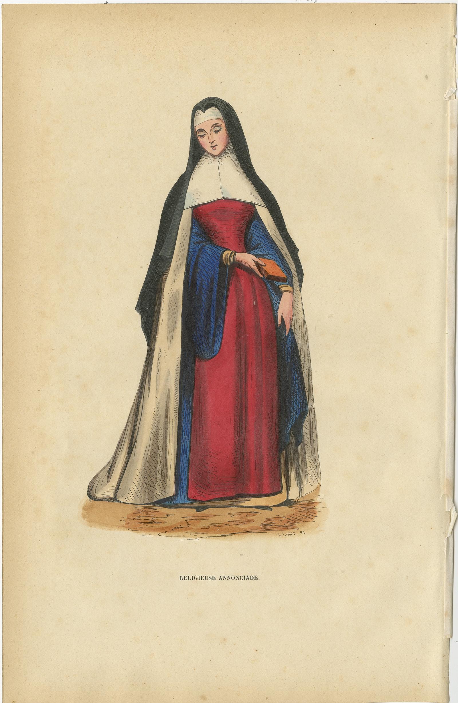 19th Century Antique Print of a Nun of Order of Annunciation of the Virgin Mary, 1845 For Sale