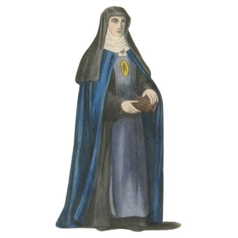 Antique print titled 'Visitandine en Flandre'. Print of a Nun of the Order of the Visitation of Holy Mary in Flandres. This print originates from 'Histoire et Costumes des Ordres Religieux'.

Artists and Engravers: Author: Abbé Tiron.