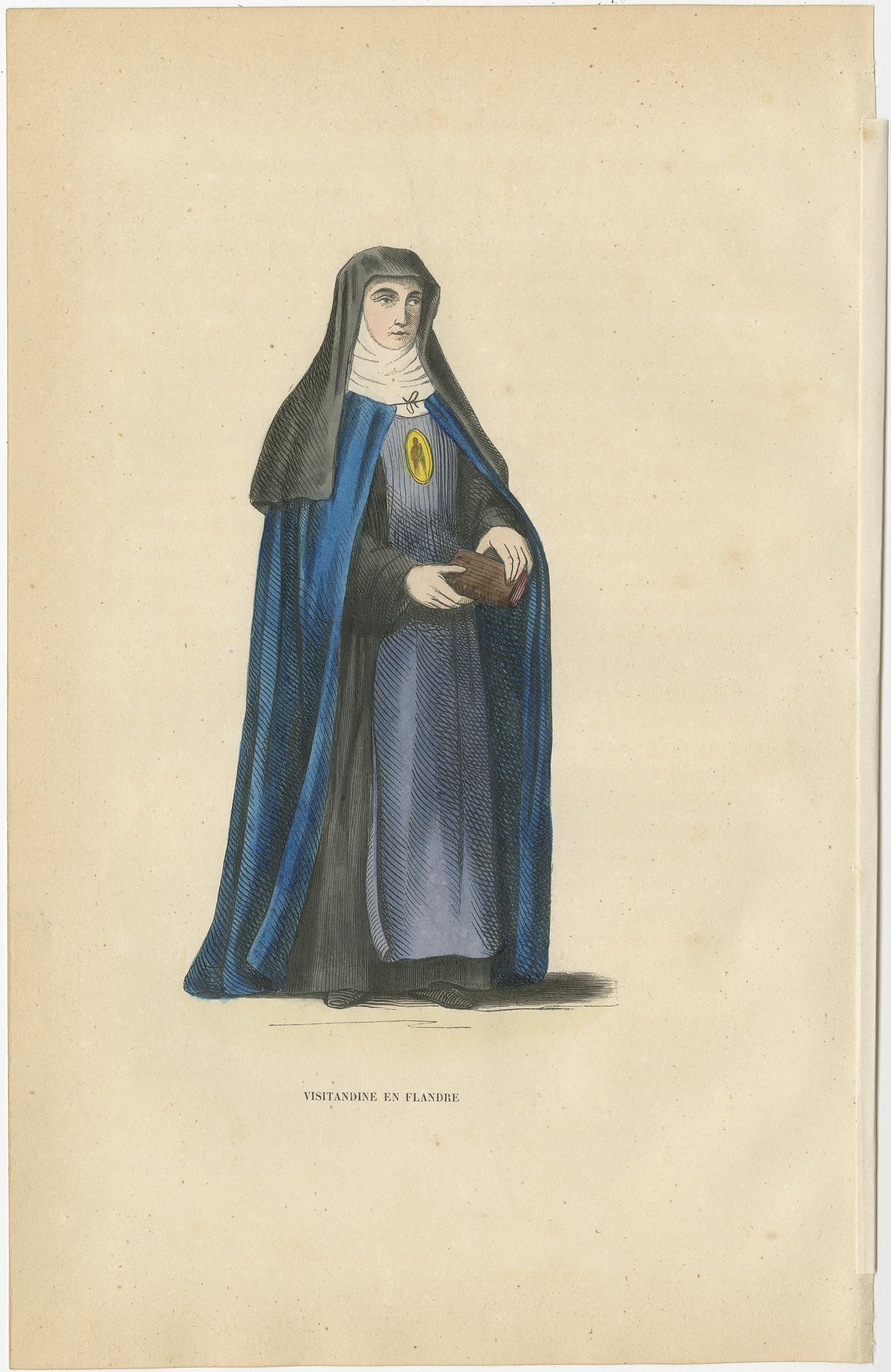 19th Century Antique Print of a Nun of Order of Visitation of Holy Mary in Flandres, Belgium For Sale