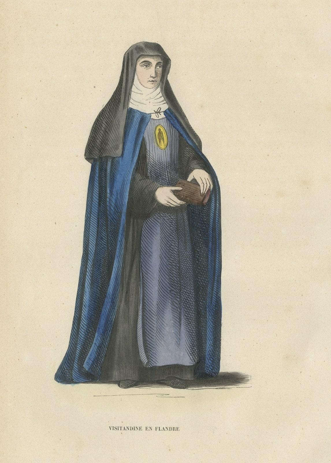 Antique Print of a Nun of Order of Visitation of Holy Mary in Flandres, Belgium For Sale 1