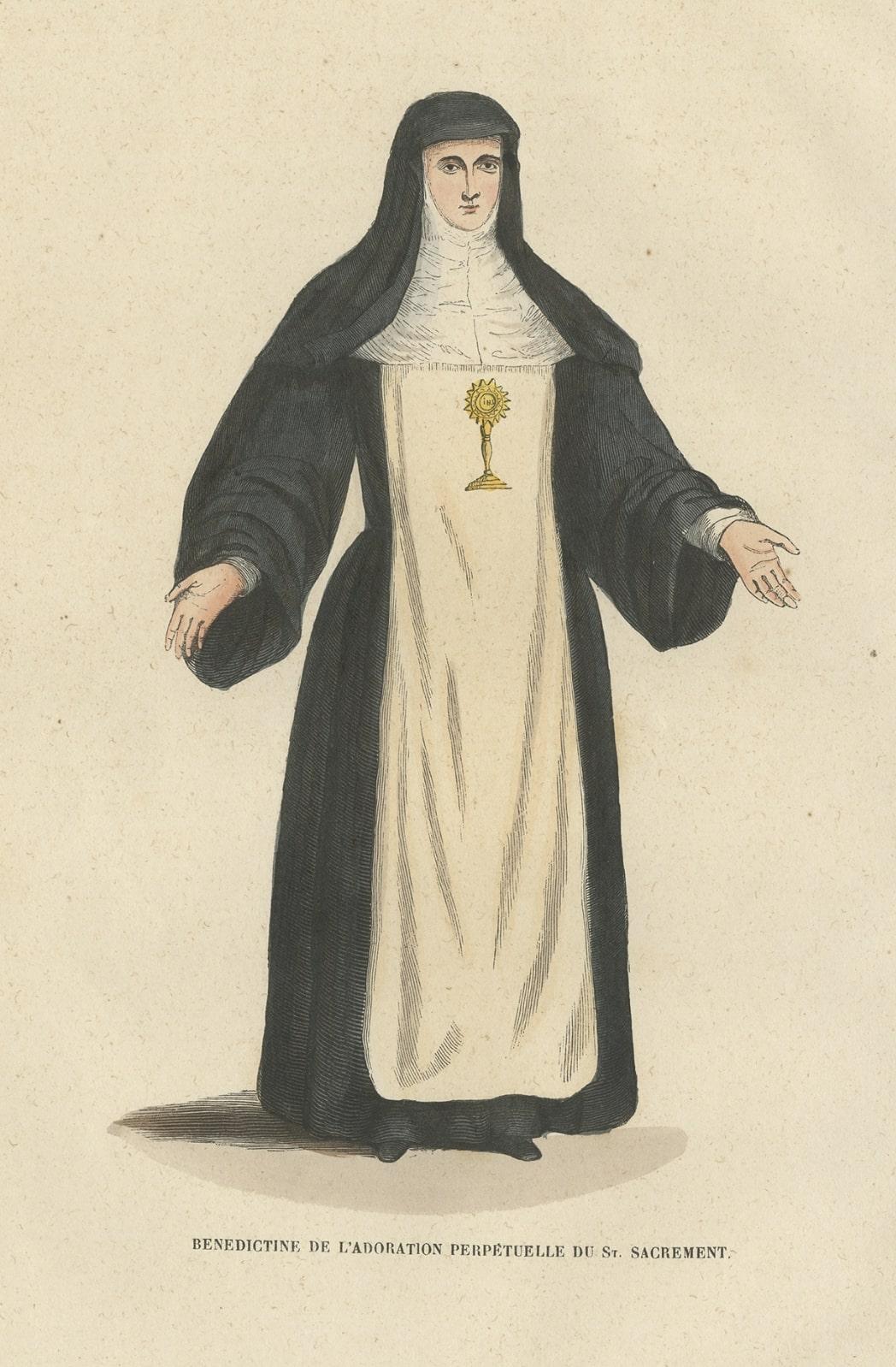 19th Century Antique Print of a Nun of the Benedictine Order, 1845 For Sale