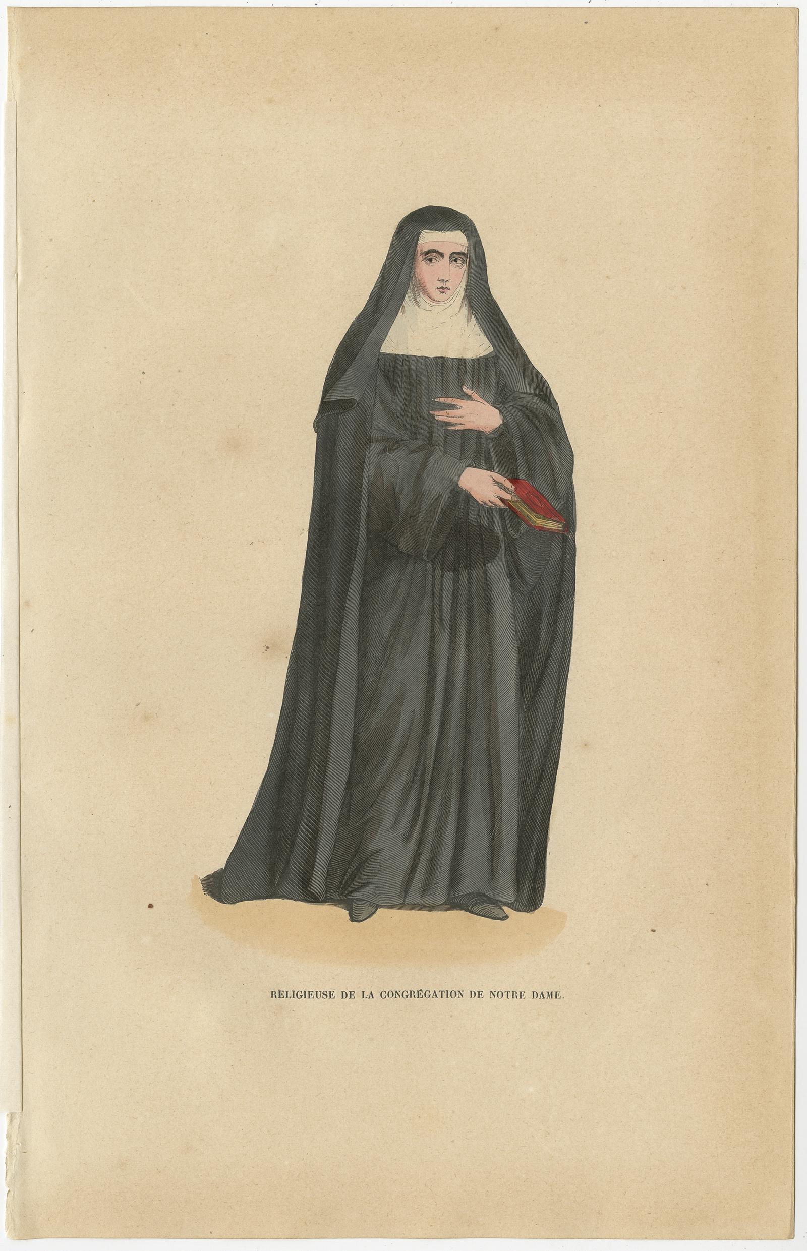 19th Century Antique Print of a Nun of the Canonesses of St. Augustine, 1845 For Sale