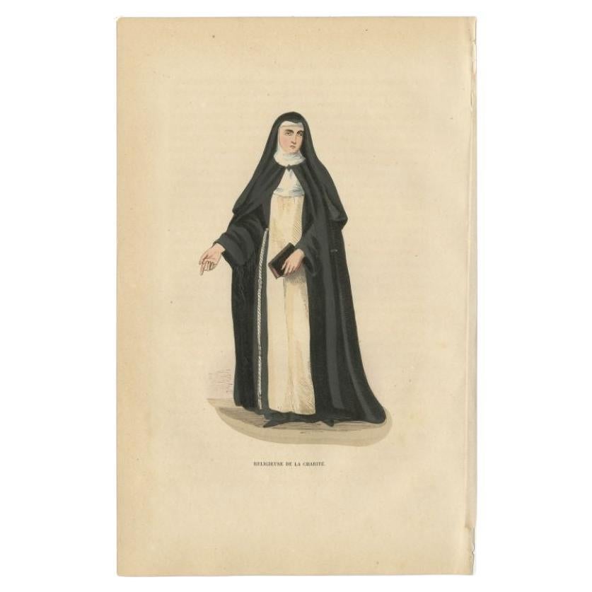 Antique print titled 'Religieuse de la Charité'. Print of a Nun of the Order of Charity. This print originates from 'Histoire et Costumes des Ordres Religieux'.

Artists and Engravers: Author: Abbé Tiron. 

Condition: Good, general age-related