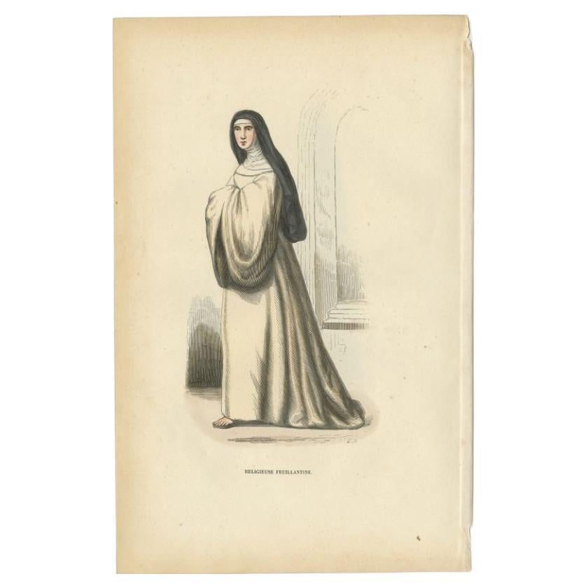Antique print titled 'Religieuse Feuillantine'. Print of a Nun of the order of Feuillantines, Congregation of Our Lady of the Feuillants, Cistercian. This print originates from 'Histoire et Costumes des Ordres Religieux'.

Artists and Engravers: