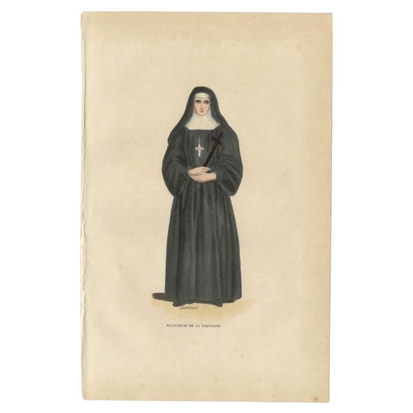 Antique print titled 'Conceptionniste'. Print of a Nun of the Order of the Immaculate Conception. This print originates from 'Histoire et Costumes des Ordres Religieux'.

Artists and Engravers: Author: Abbé Tiron. 

Condition: Good, general