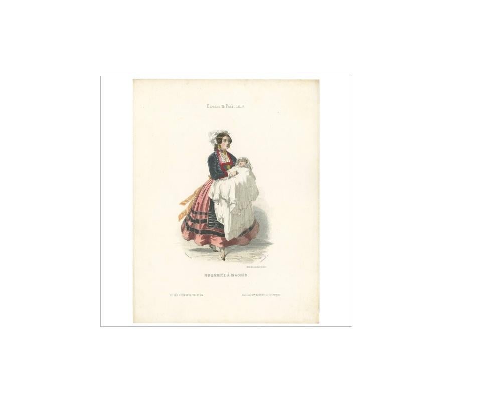 19th Century Antique Print of a Nurse/Sister and Child in Madrid by Lallemand, circa 1840 For Sale