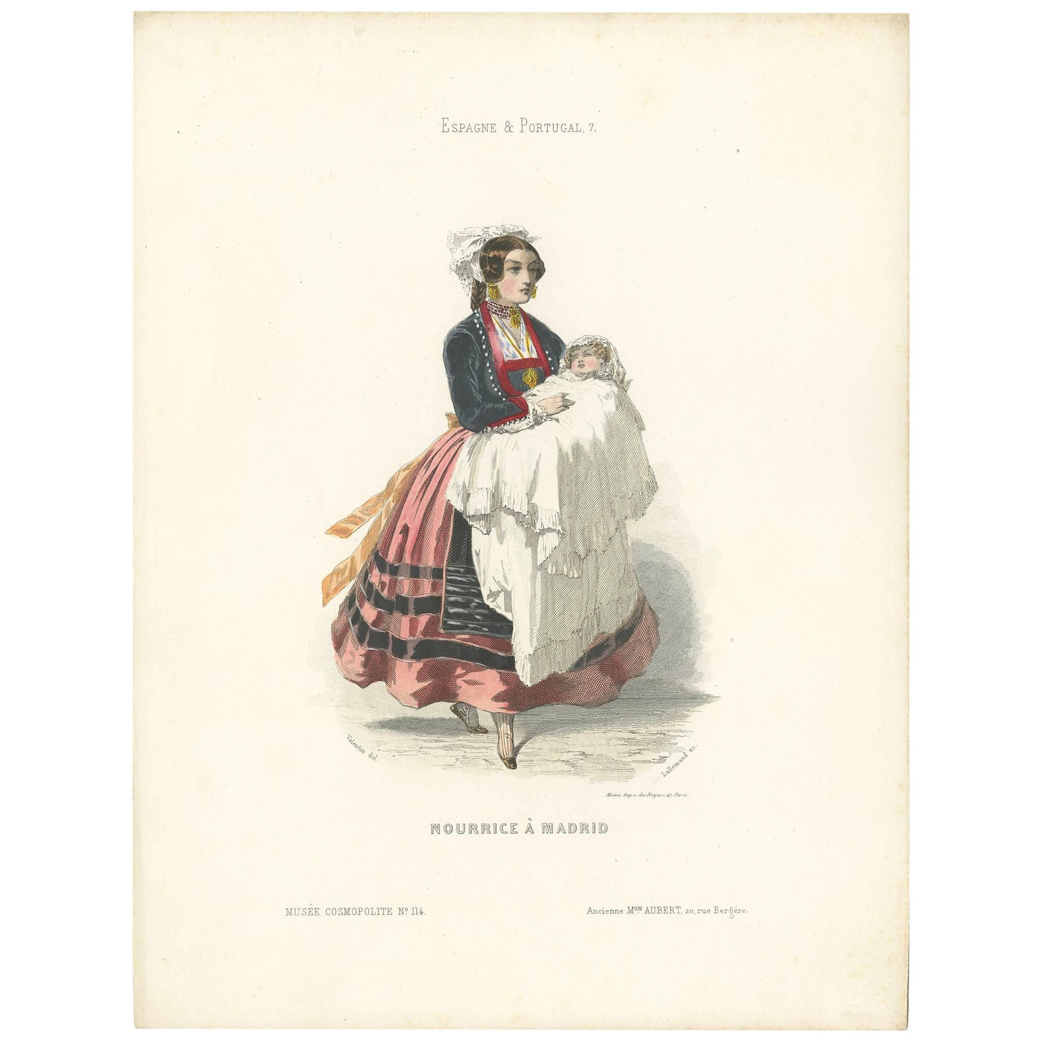 Antiker Druck eines Krankenschwesters/Sisters und eines Kindes in Madrid von Lallemand, um 1840