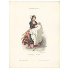 Impression ancienne d'un enfant en bas âge et d'une mère à Madrid par Lallemand, vers 1840