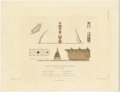 Antique Print of a Pagoda and Idols from the Village of Likiliki, New Ireland