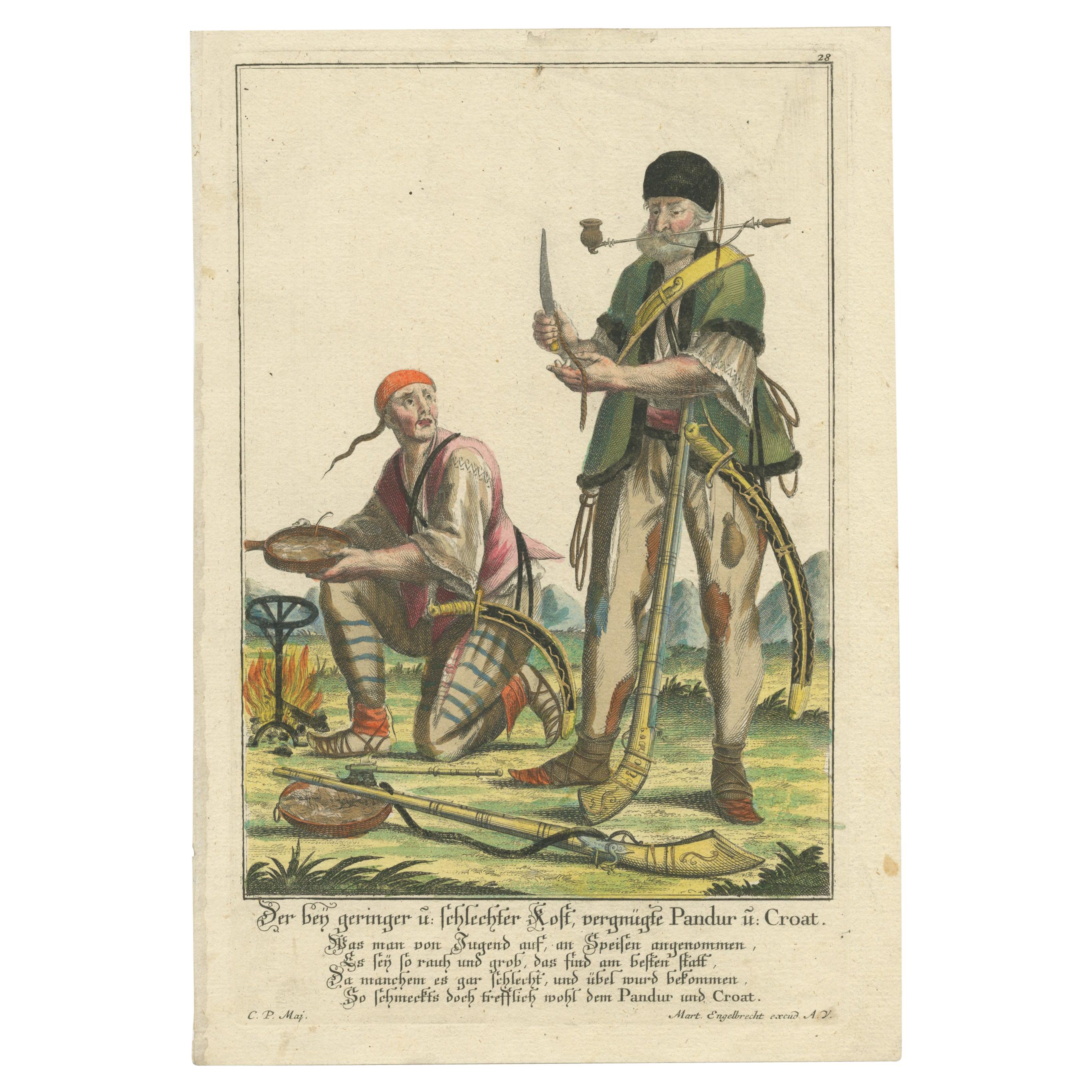 Antique Print of a Pandur and Croat Having a Meal by Engelbrecht 'c.1780'