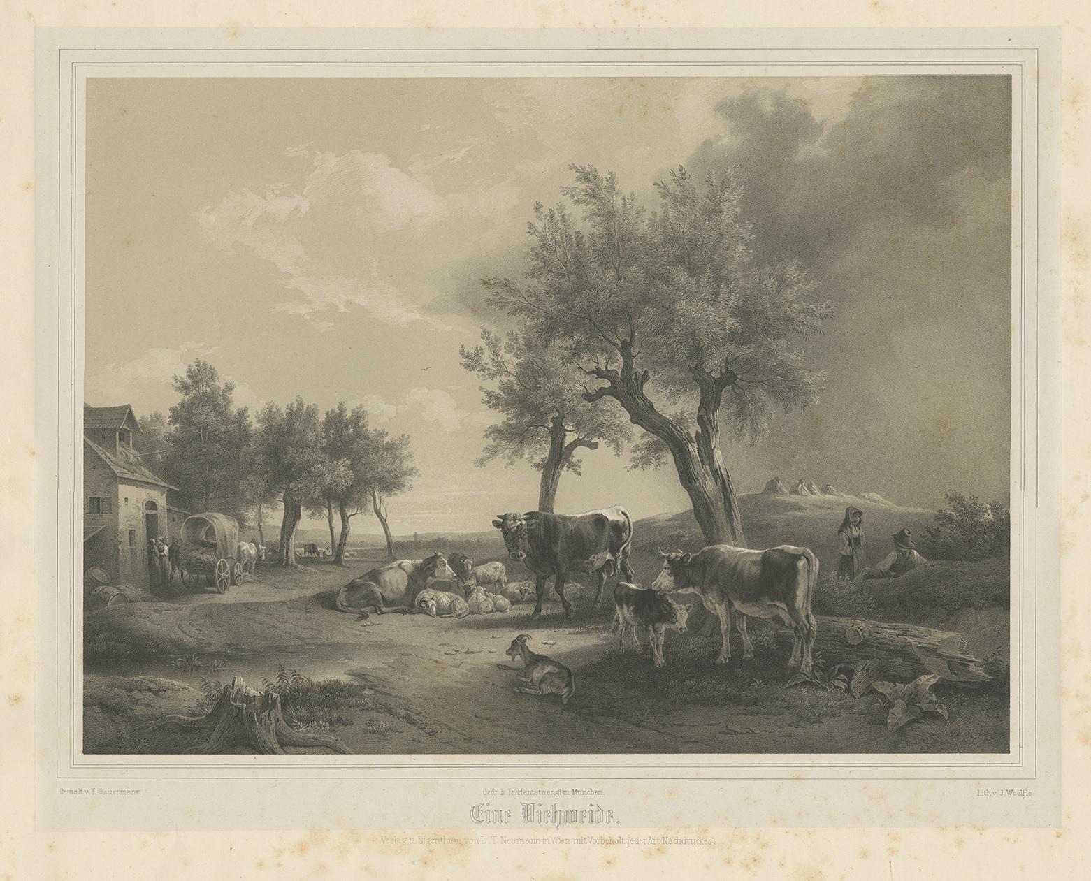 Antique print titled 'Eine Viehweide'. Large, original antique print on chine collé of a pasture with cattle. Lithographed after a painting by Gauermann. Published by Neumann, circa 1860.