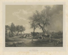 Antique Print of a Pasture with Cattle by Neumann 'c.1860'