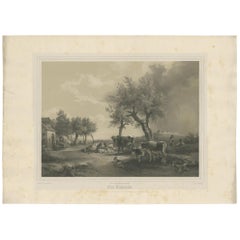 Antique Print of a Pasture with Cattle by Neumann 'c.1860'