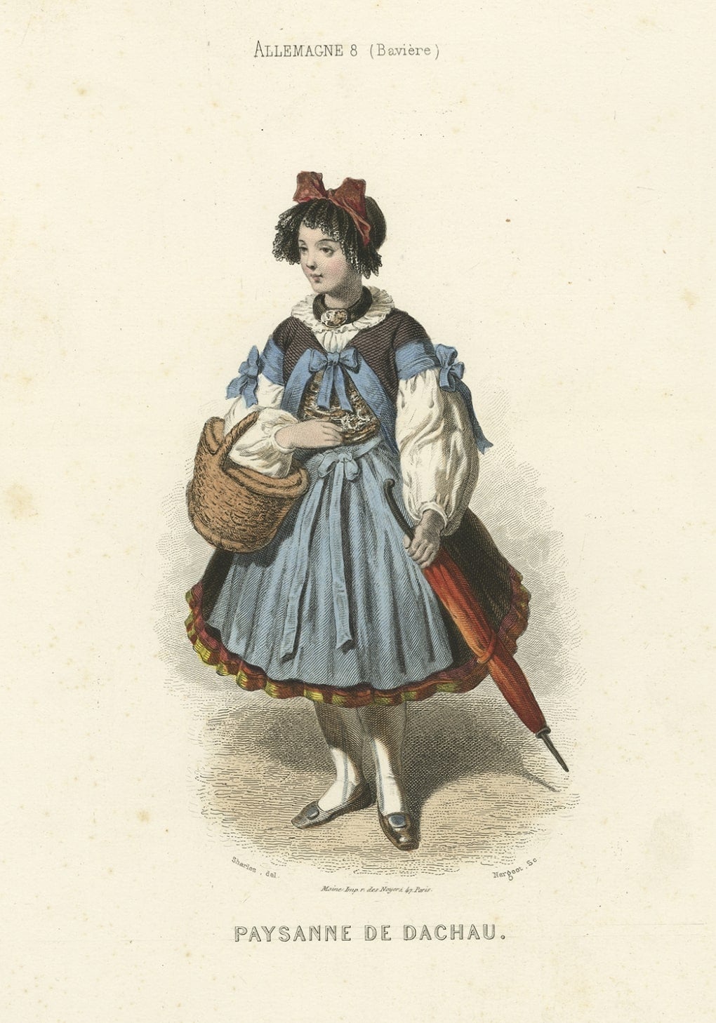 Antique costume print titled 'Paysanne de Dachau'. Old print depicting a peasant woman from Dachau, Germany. This print originates from 'Costumes Moderne (Musée de Costumes). 

Artists and Engravers: Published in Paris: Ancienne Maison