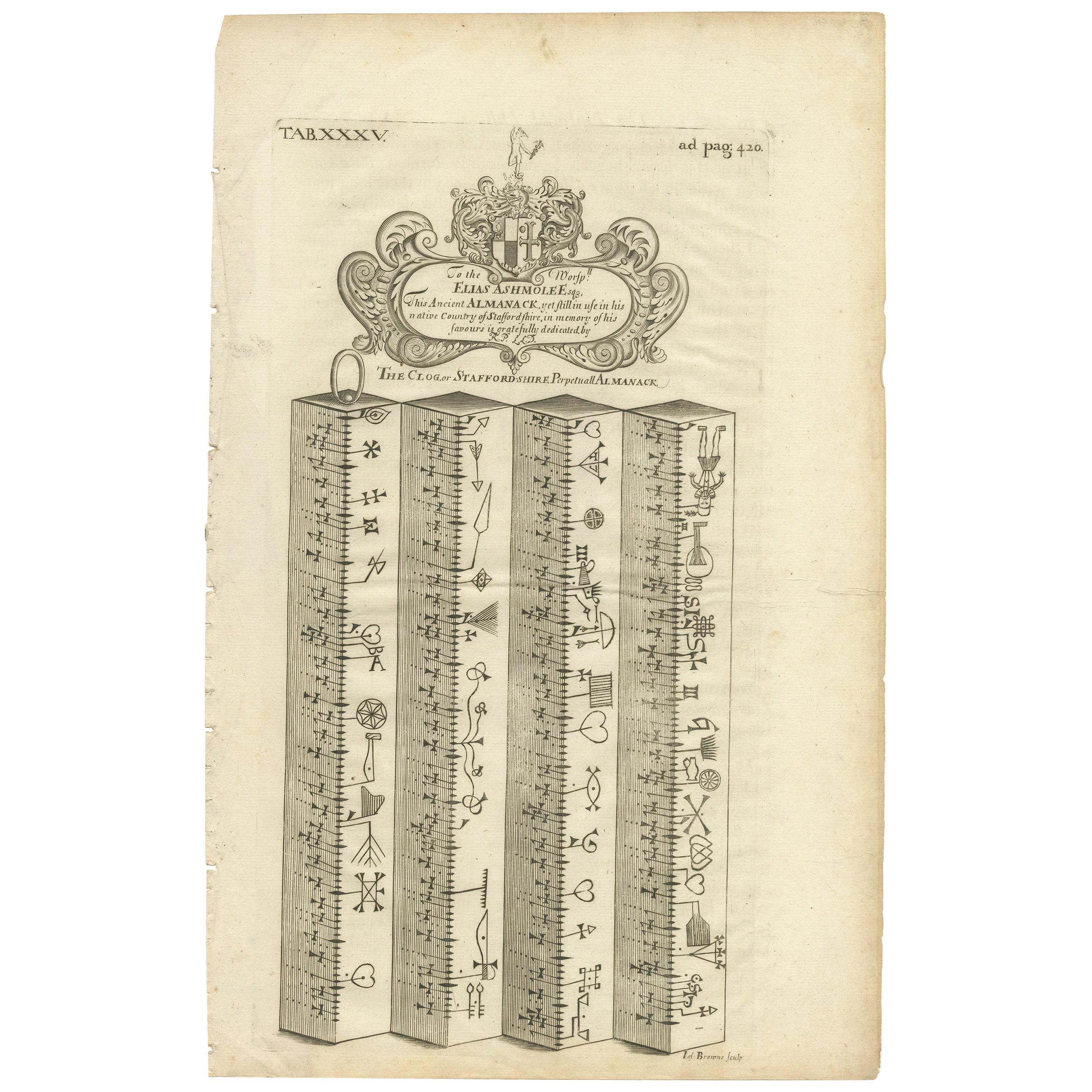 Antique Print of a Perpetual Almanac of Staffordshire by Plot, 1686 For Sale