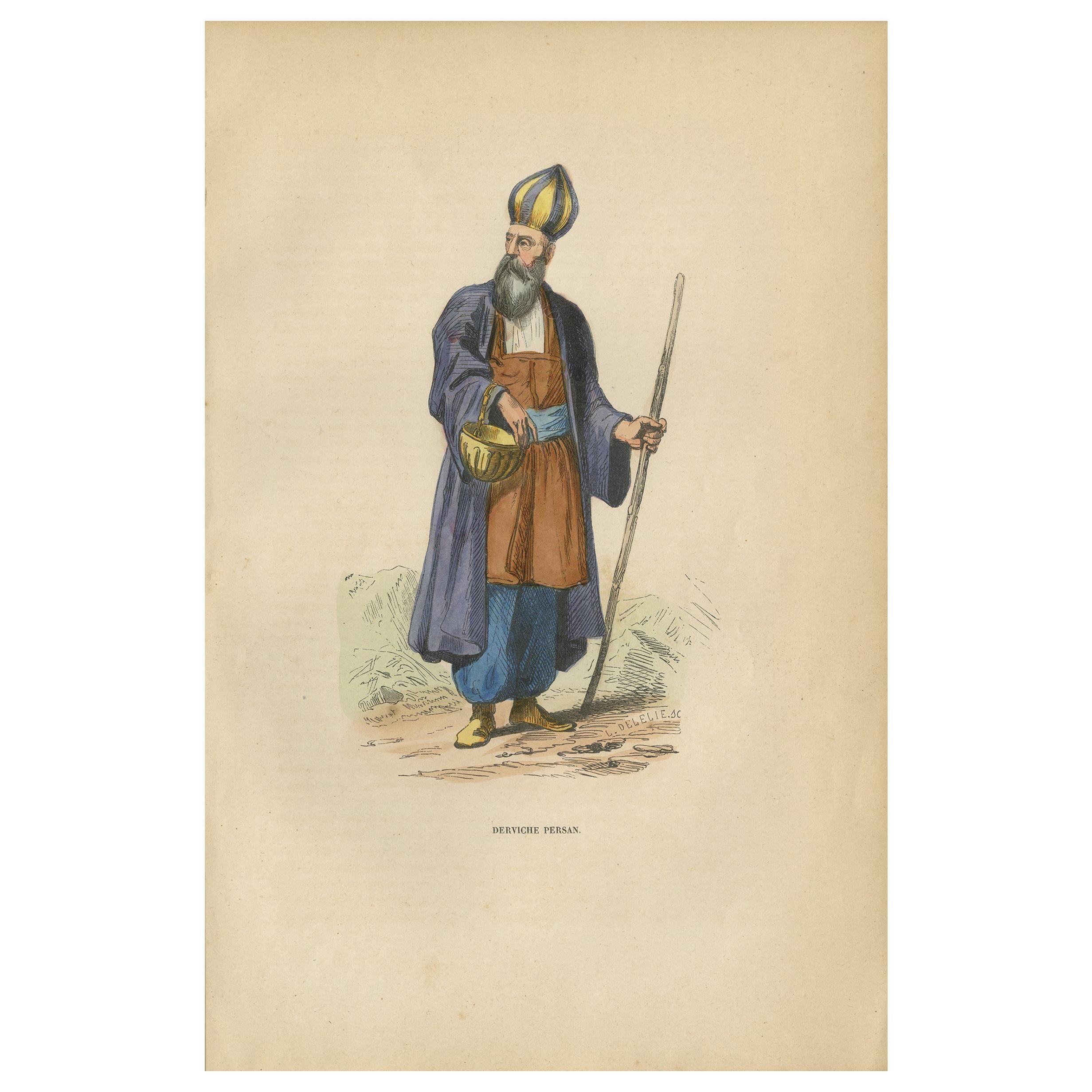 Antique Print of a Persian Dervish by Wahlen, 1843 For Sale