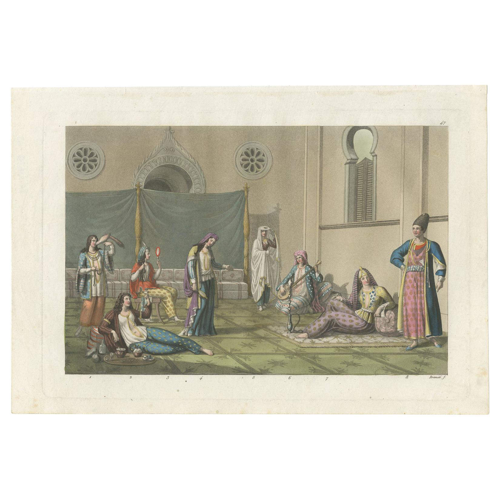 Antiker Druck eines persischen Harems von Ferrario '1831'