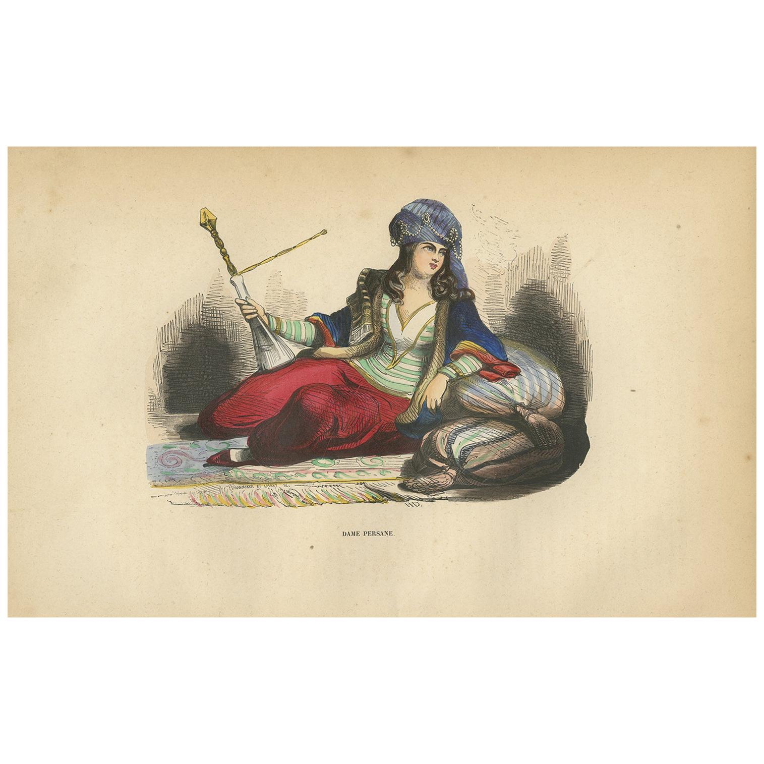 Grabado antiguo de una dama persa por Wahlen, 1843