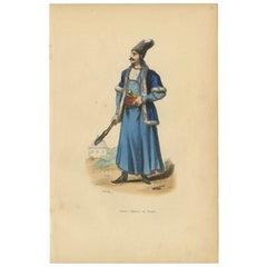 Impression ancienne d'un homme persan vêtu d'un vêtement traditionnel et avec une dague, 1843