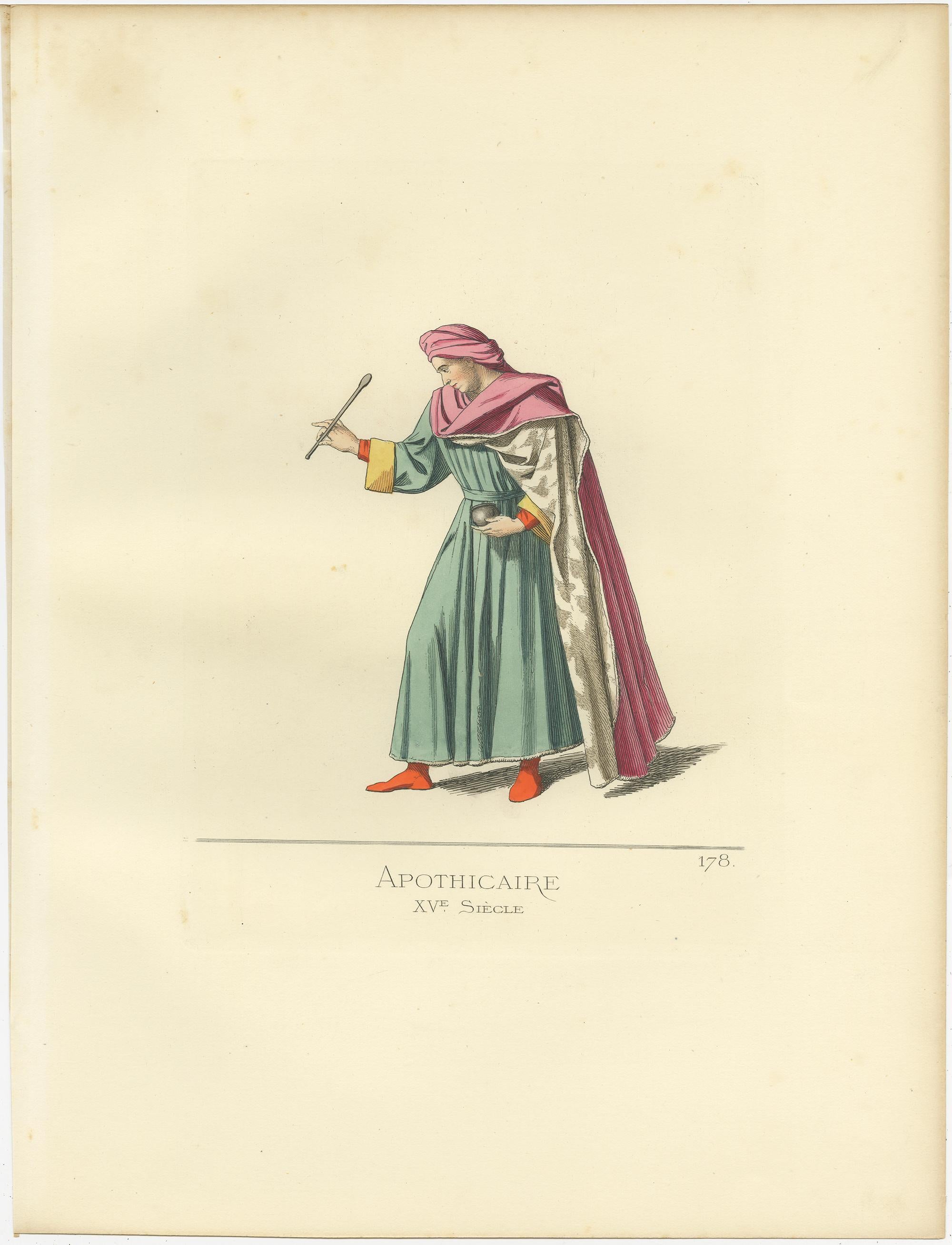 Antique print titled ‘Apothicaire, XVe Siecle.’ Original antique print of a Pharmacist, 15th century. This print originates from 'Costumes historiques de femmes du XIII, XIV et XV siècle' by C. Bonnard. Published, 1860.