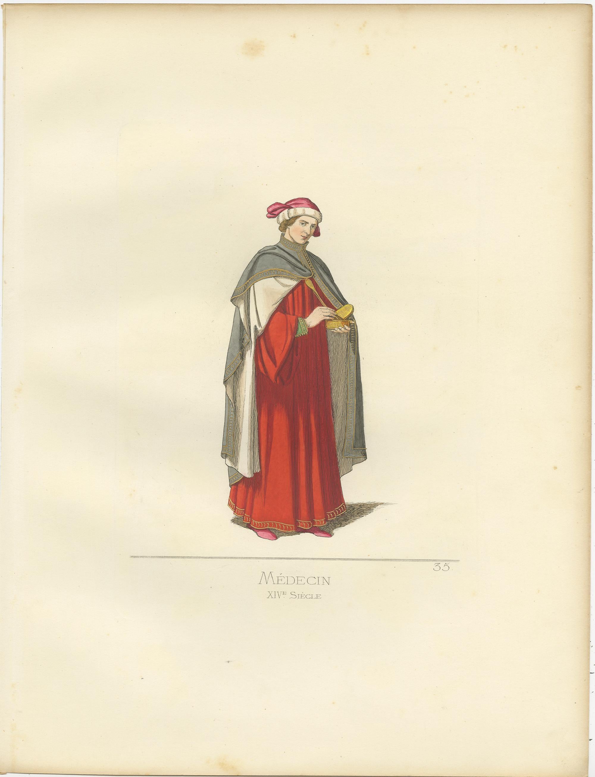 Antique print titled ‘Medecin, XIVe Siecle.’ Original antique print of a physician. This print originates from 'Costumes historiques de femmes du XIII, XIV et XV siècle' by C. Bonnard. Published 1860.