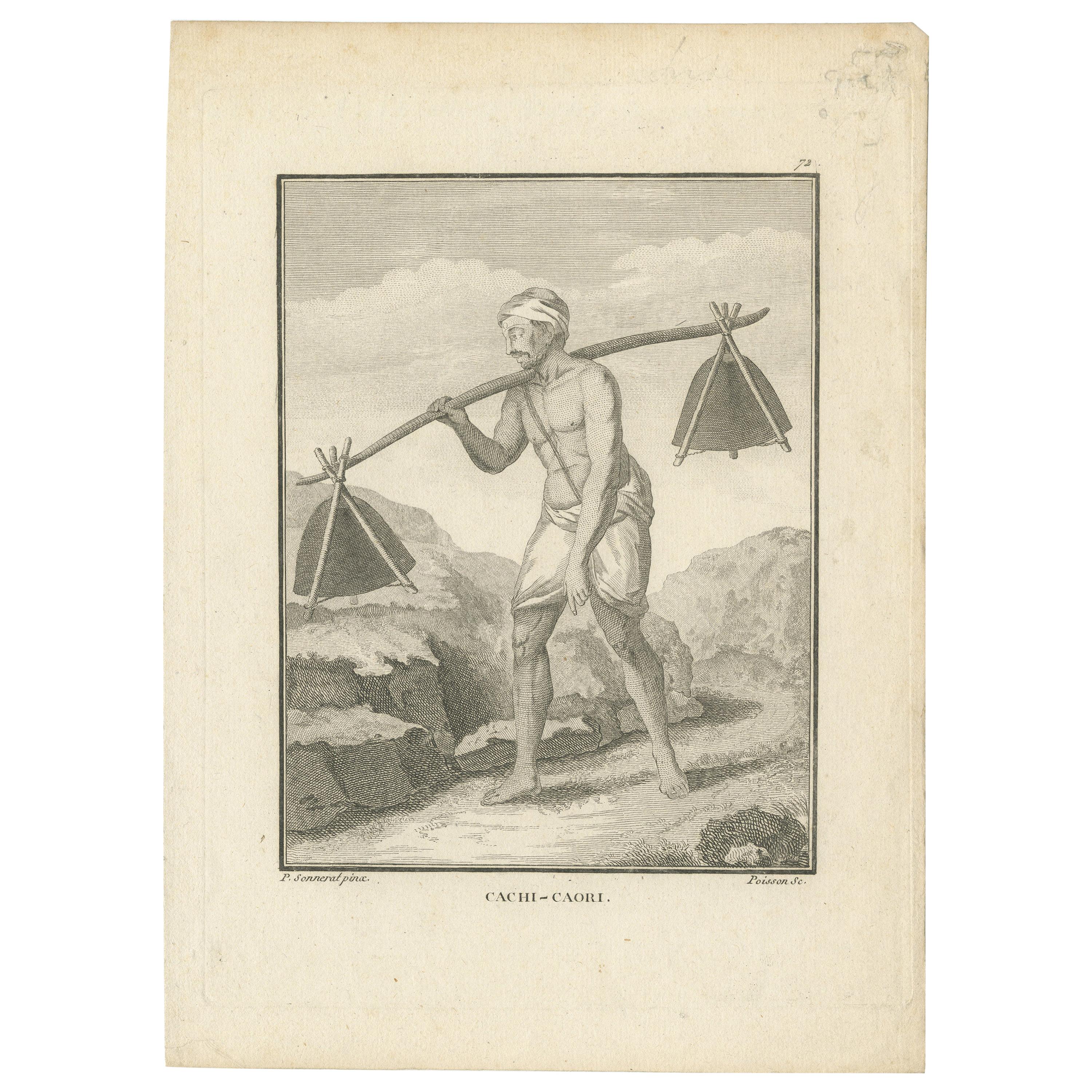 Impression ancienne d'un pèlerin transportant de l'eau du Gange par Poisson, vers 1790