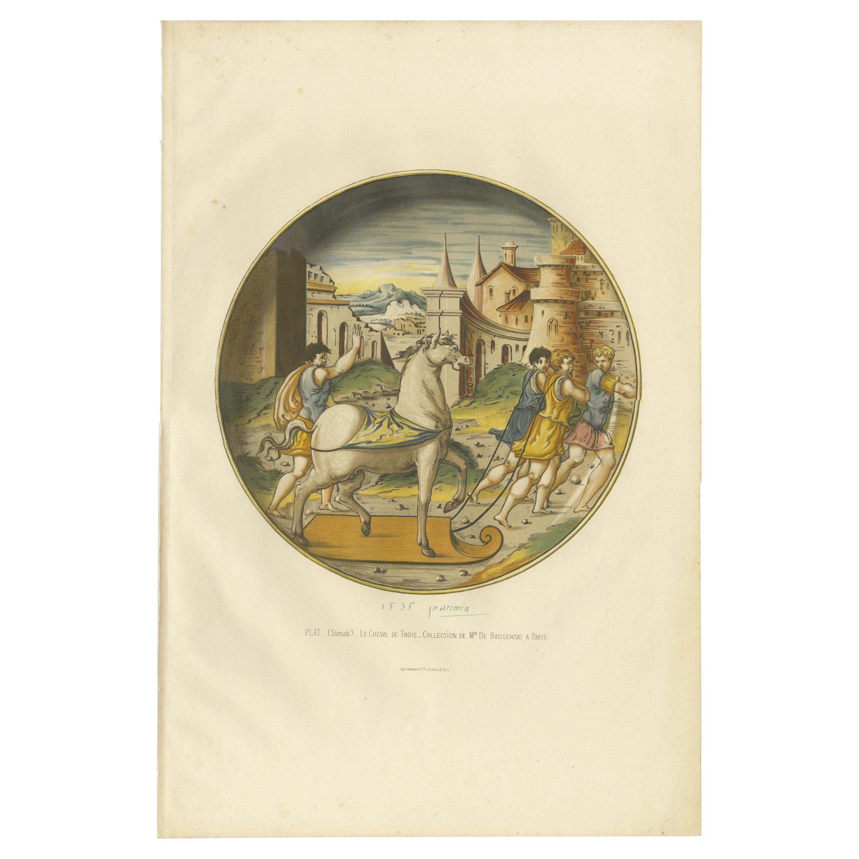 Grabado antiguo de un plato decorado con el Caballo de Troya de Delange '1869