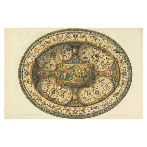 Antique Lithograph of Italian Faience Dish, Grotesque Style, Delange, 1869