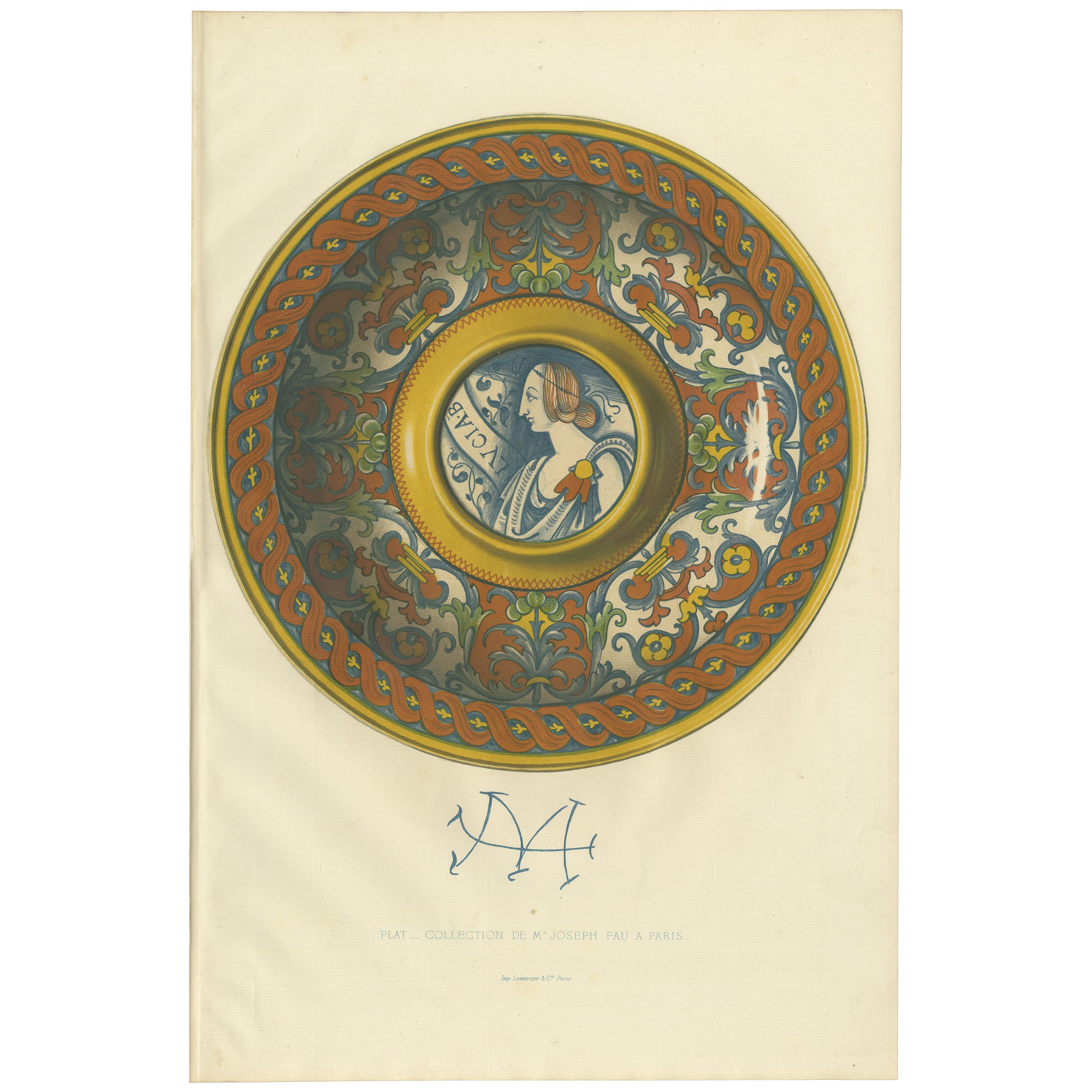 Impression ancienne d'une assiette de M. Joseph Fau à Paris par Delange (1869)