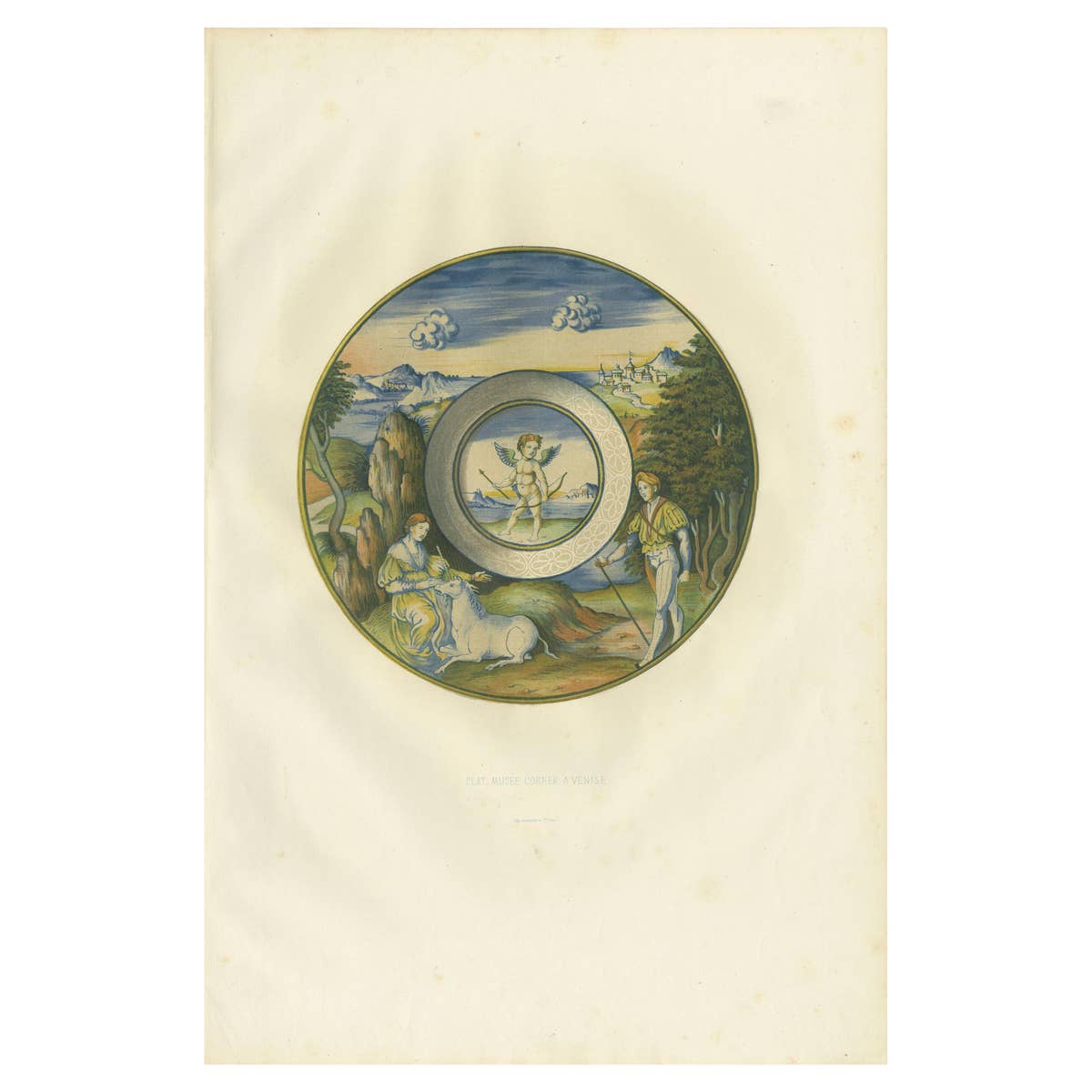Antique Print of a Plate with a Unicorn of Museo Correr by Delange '1869'