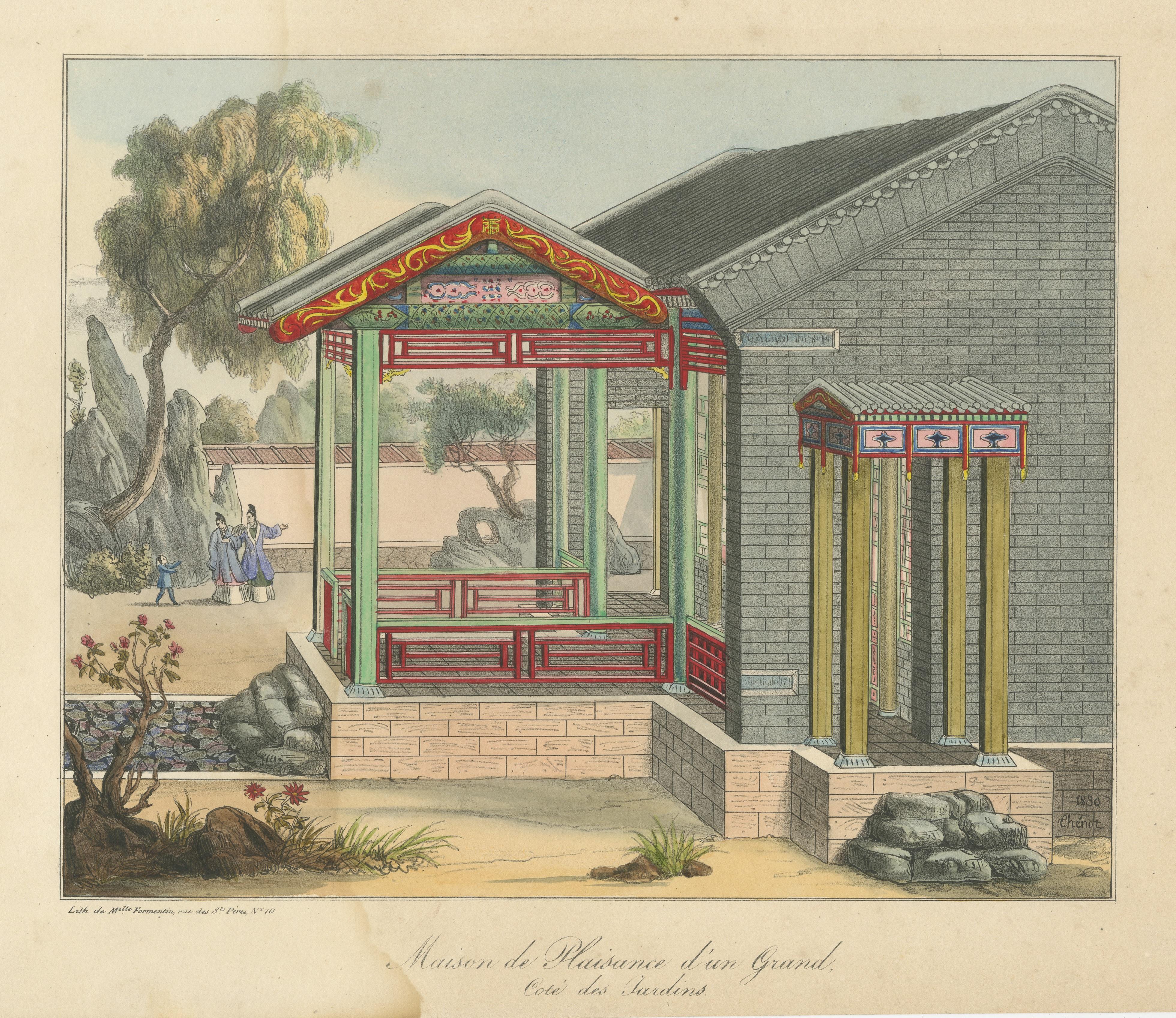 Antique Print of a Pleasure House next to the Gardens In Fair Condition For Sale In Langweer, NL