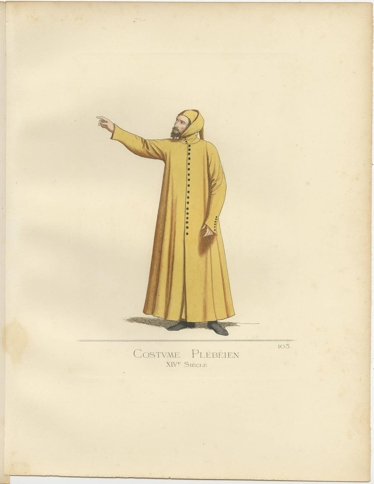 Antique Print of a Plebeian Costume, Italy, 14th Century, by Bonnard, 1860
