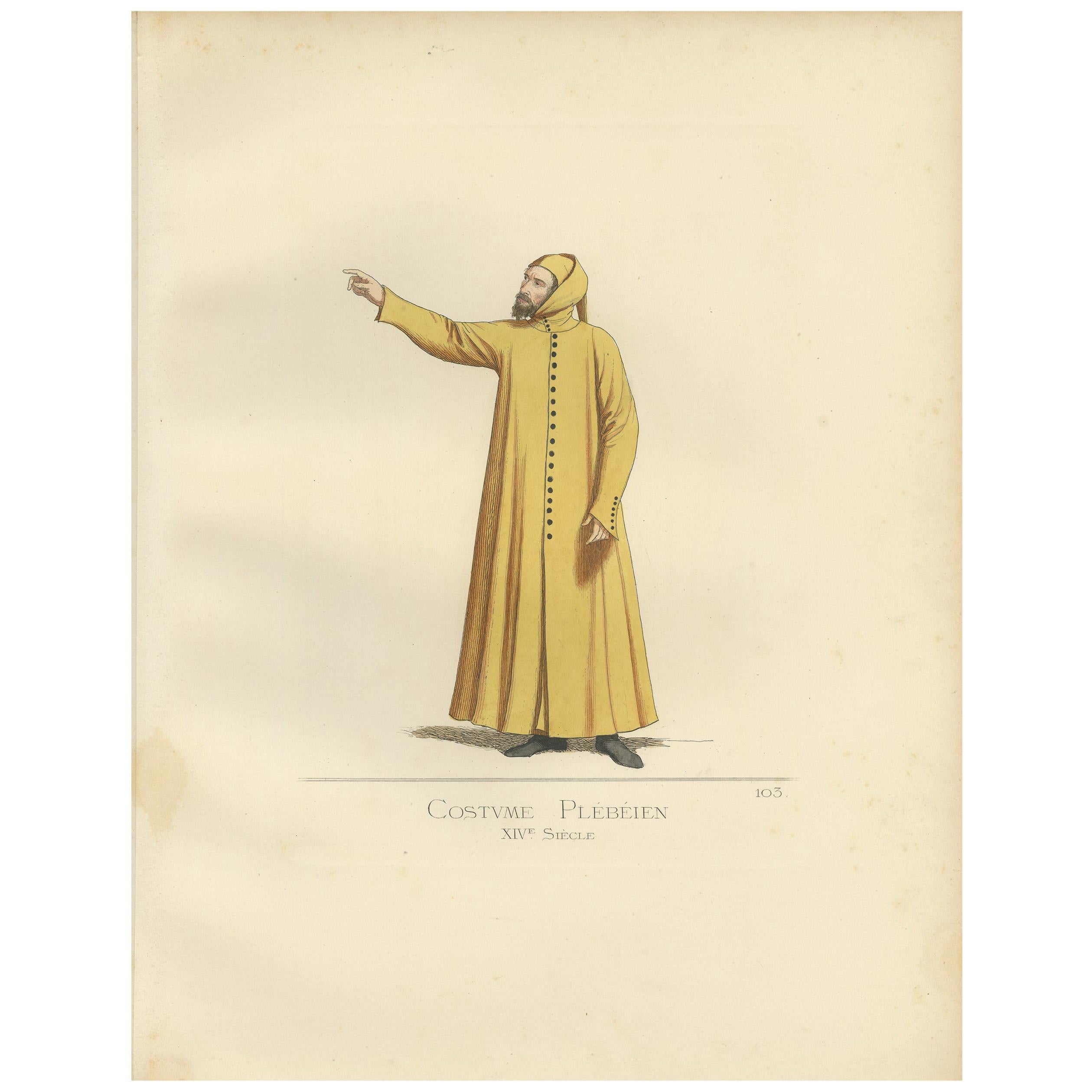 Antique Print of a Plebeian Costume, Italy, 14th Century, by Bonnard, 1860 For Sale