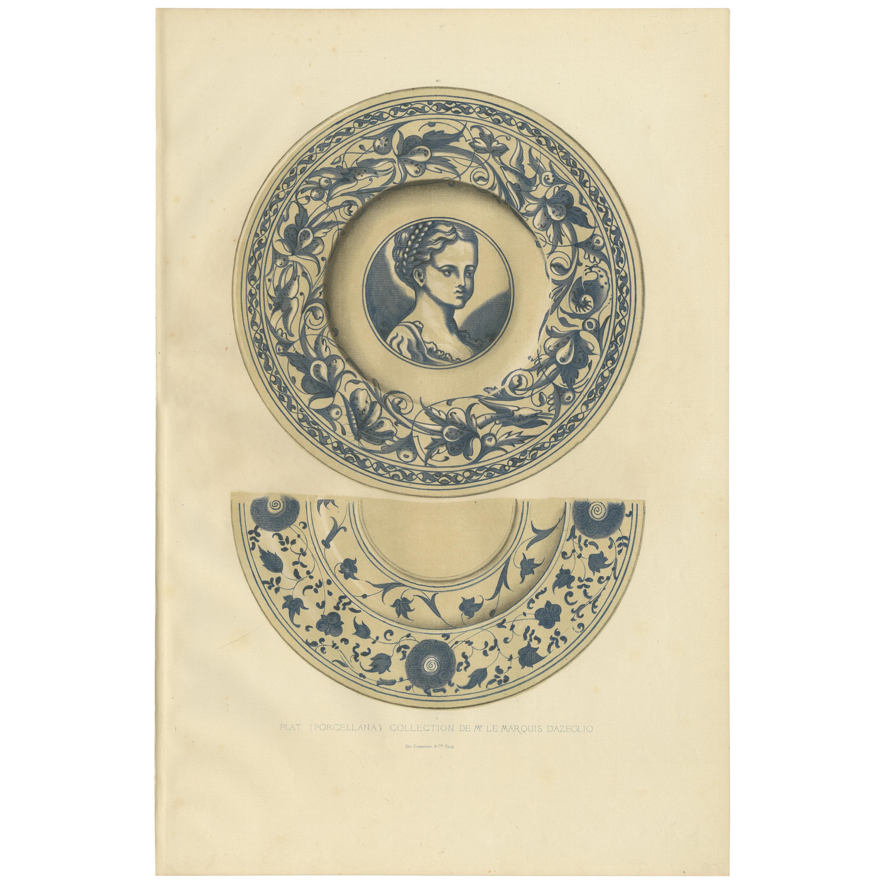 Antique Print of a Porcelain Plate of Mr. le Marquis d'Azeglio by Delange '1869' For Sale