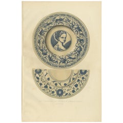 Antique Print of a Porcelain Plate of Mr. le Marquis d'Azeglio by Delange '1869'