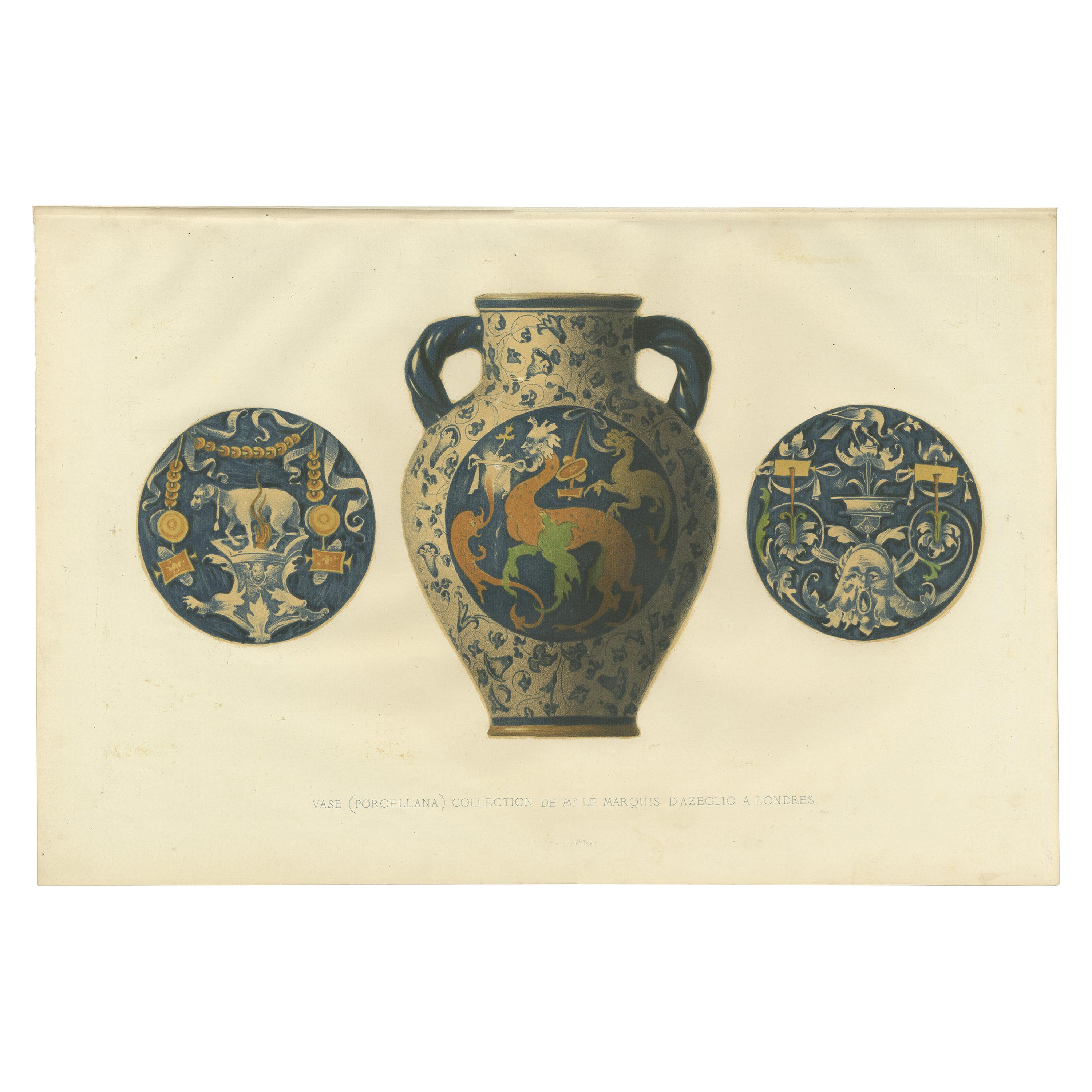 Antique Print of a Porcelain Vase of Mr. le Marquis d'Azeglio by Delange '1869' For Sale