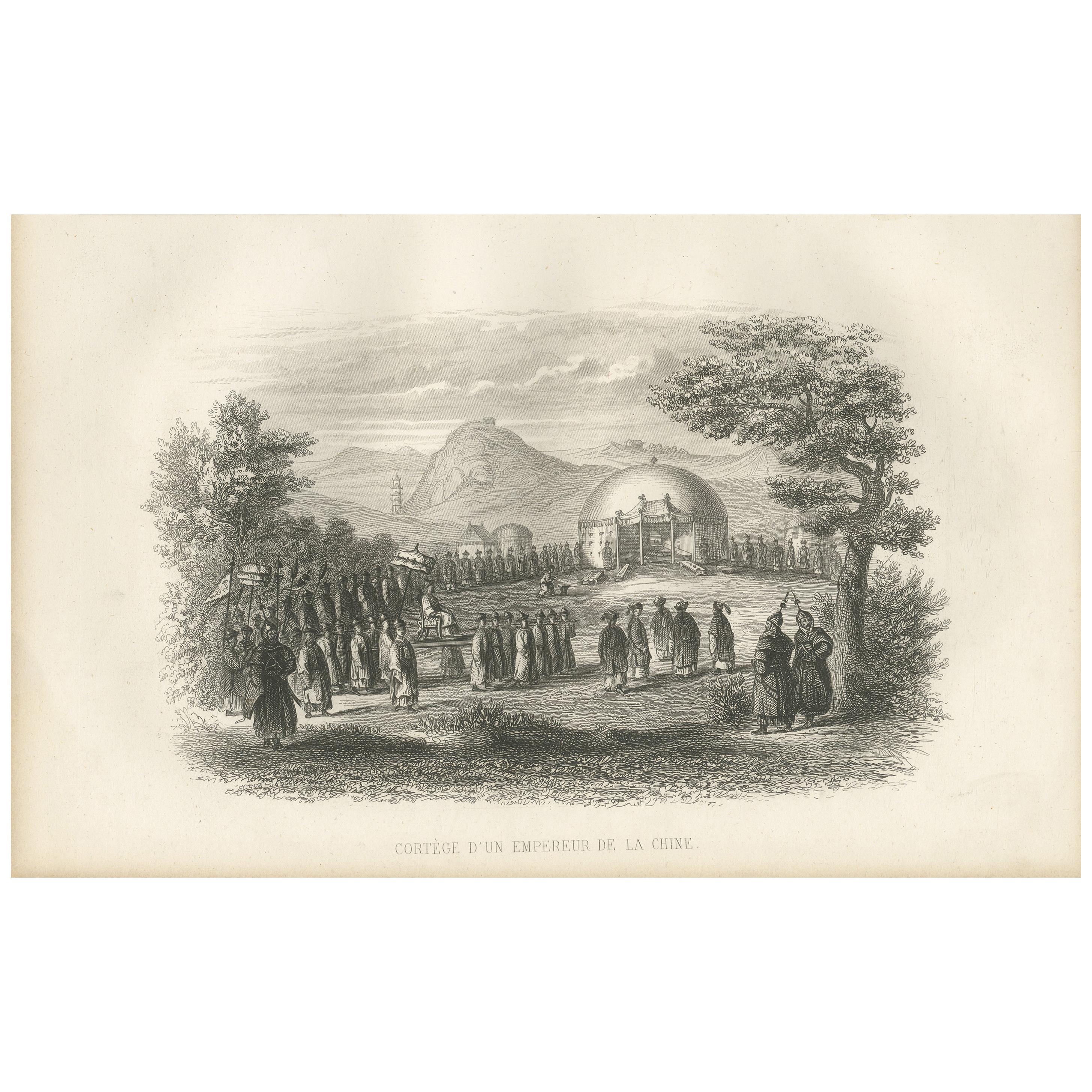 Impression ancienne d'une procession de l'empereur chinois par D'urville (1853)