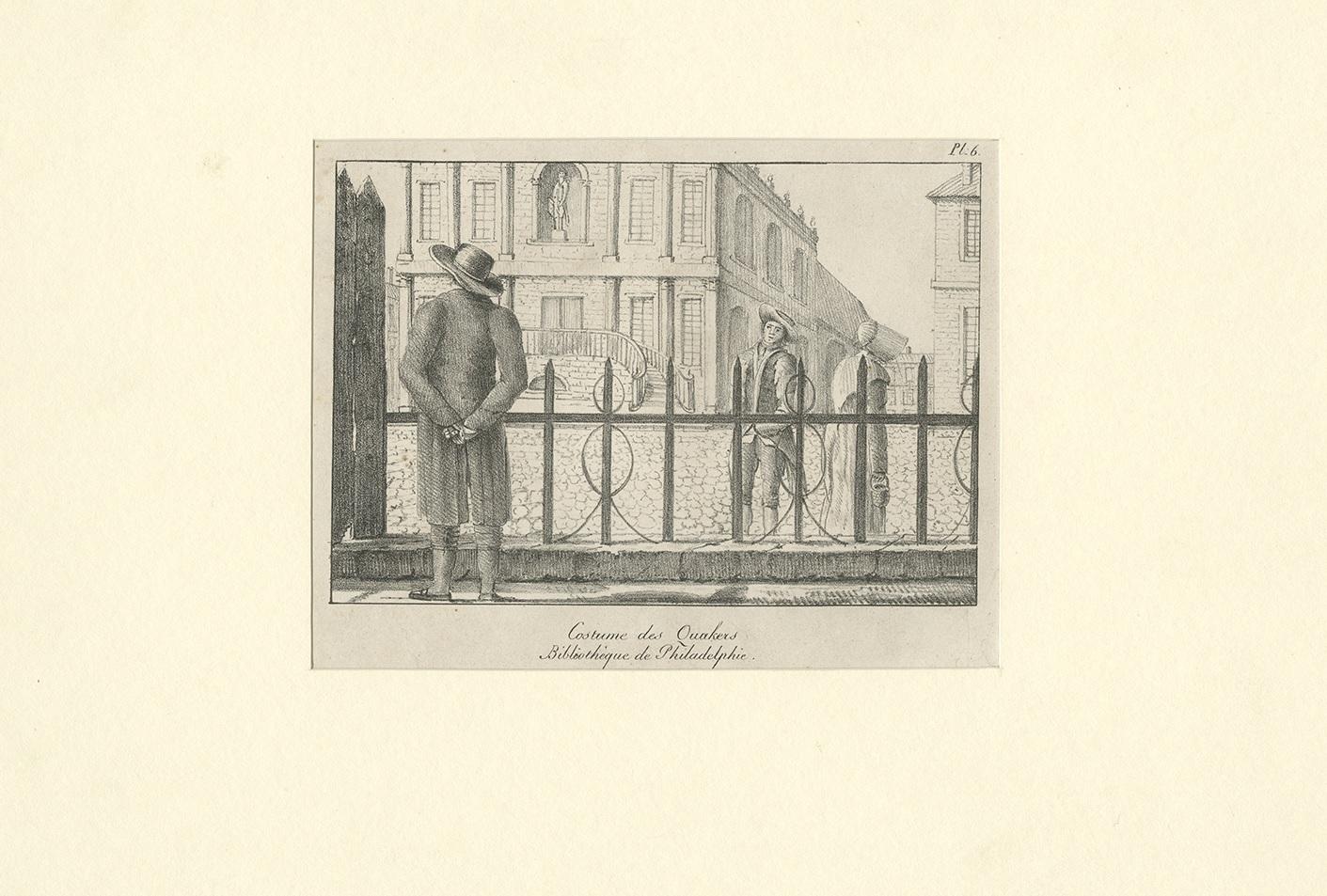 Antique print titled 'Costume des Quakers, Bibliothèque de Philadelphie'. Lithograph showing a Quaker man outside and a Quaker woman and man within a fence in front of the subscription library, Library Company of Philadelphia, at 5th and Library