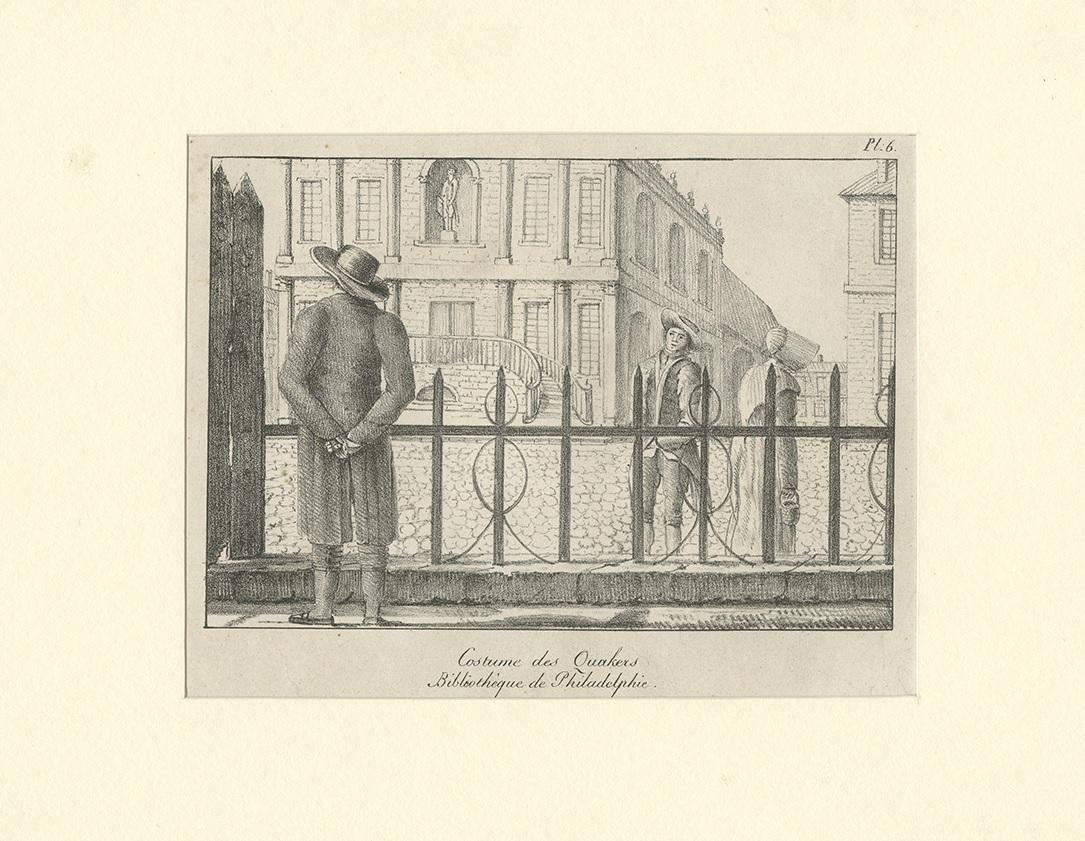 Antique Print of a Quaker Man and Woman Near the Library Company of Philadelphia In Good Condition For Sale In Langweer, NL