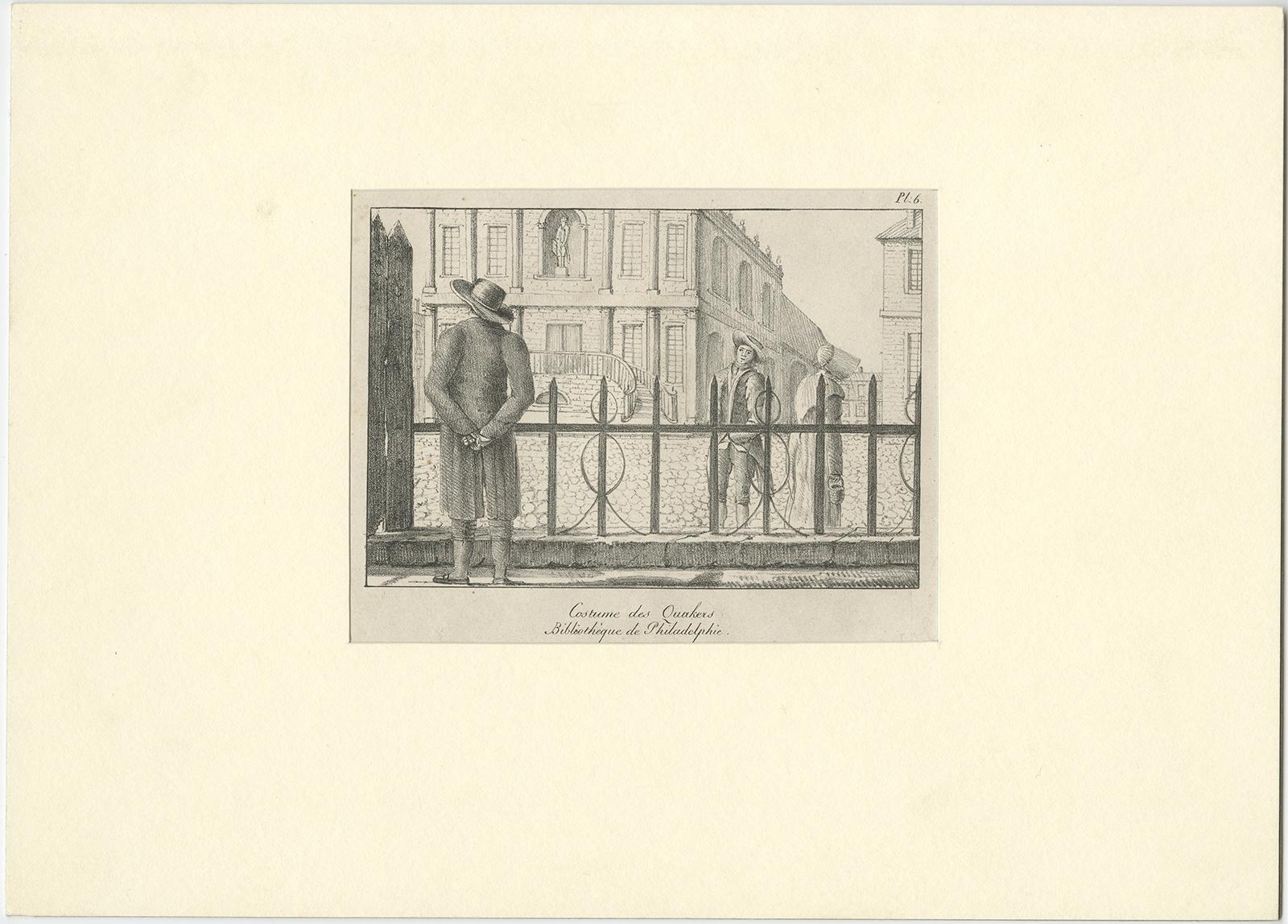 19th Century Antique Print of a Quaker Man and Woman Near the Library Company of Philadelphia For Sale